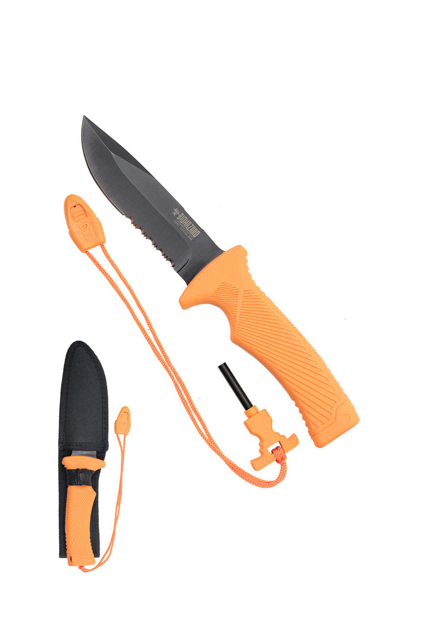 10" Black Blade and Orange Handle Knife with Hidden Fire Starter