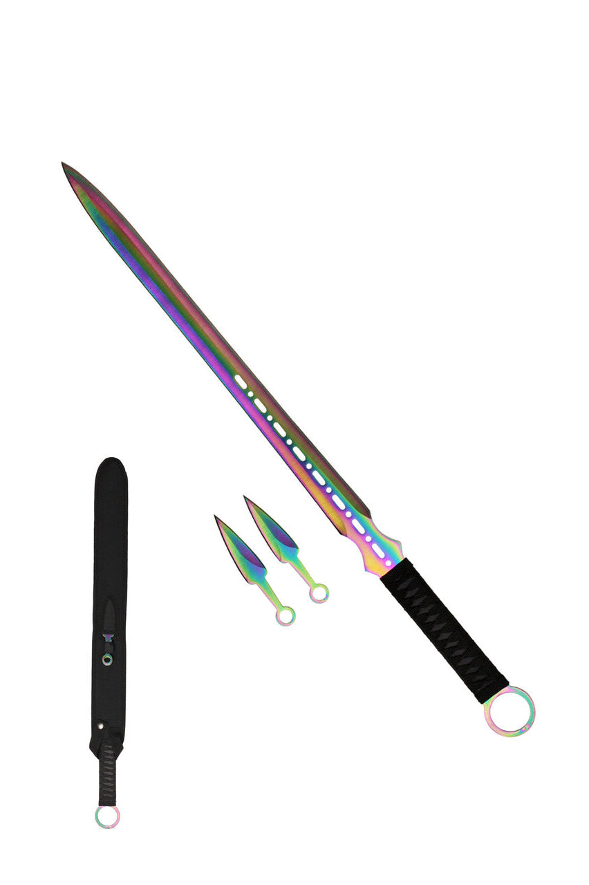 27" Stainless Rainbow Ninja Sword with 2-Piece Throwing Knife Set