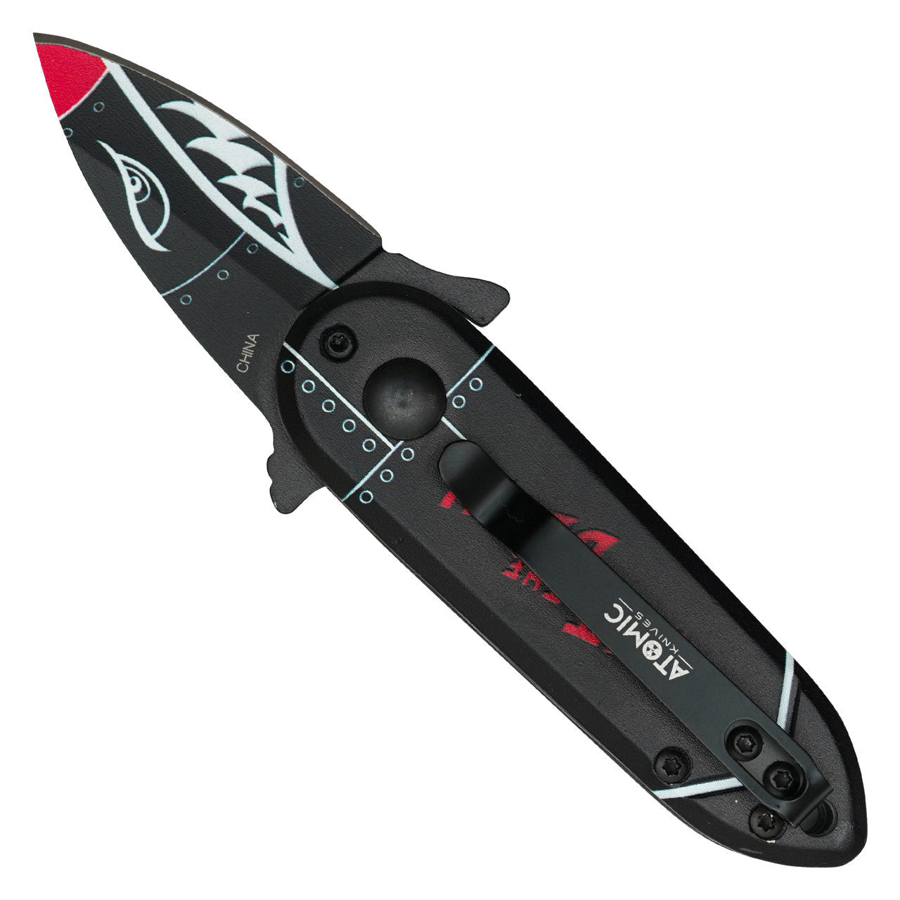 5" Black Bomb Push Button Knife – Compact Power with Shark Print Blade