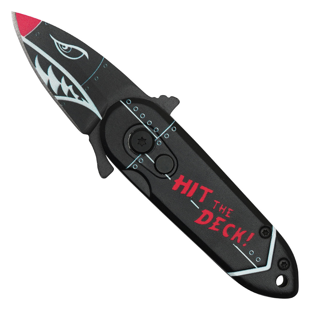 5" Black Bomb Push Button Knife – Compact Power with Shark Print Blade