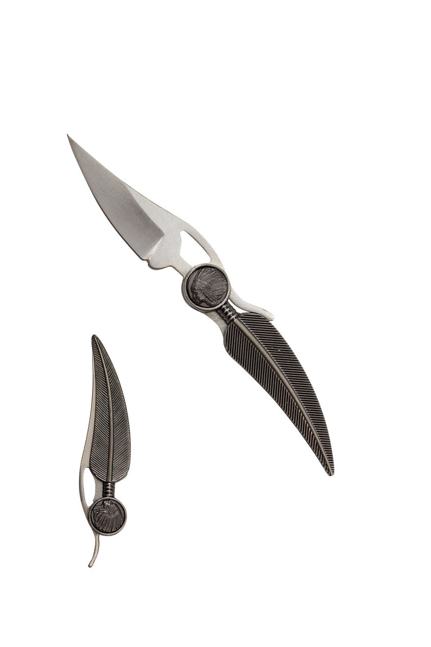 5" Feather Handle Pocket Knife | Silver Blade with Indian Symbol