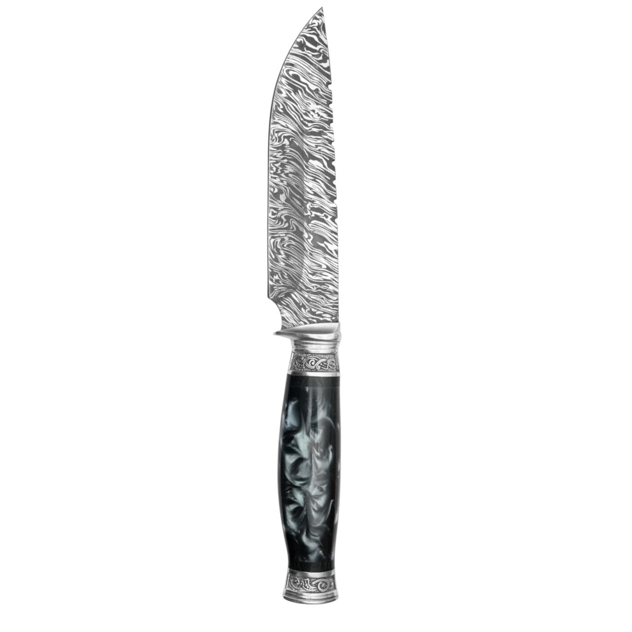 12.5" Black Marbled Hunting Knife – Etched Damascus Steel & Sleek Design