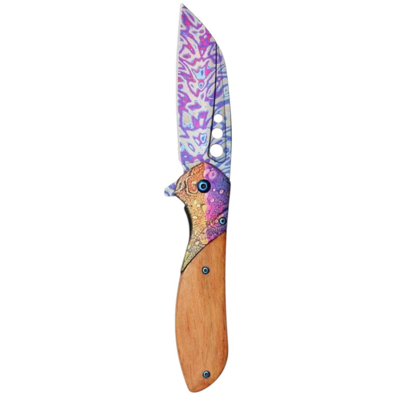 8.25" Wood Damascus Pocket Knife - Rainbow