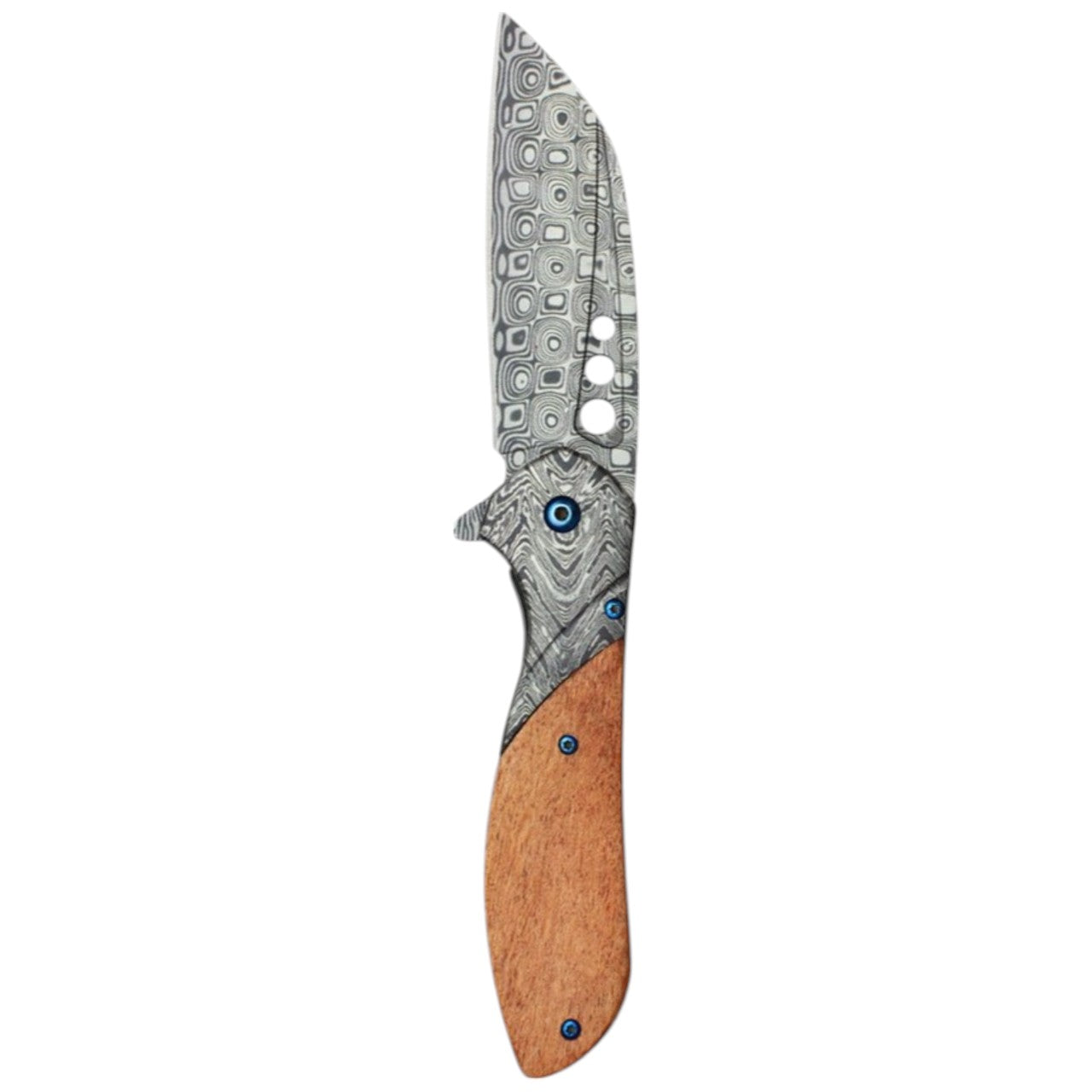 8.25" Wood Damascus Pocket Knife - Chrome