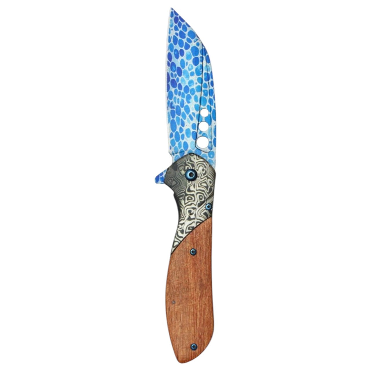 8.25" Wood Damascus Pocket Knife - Blue