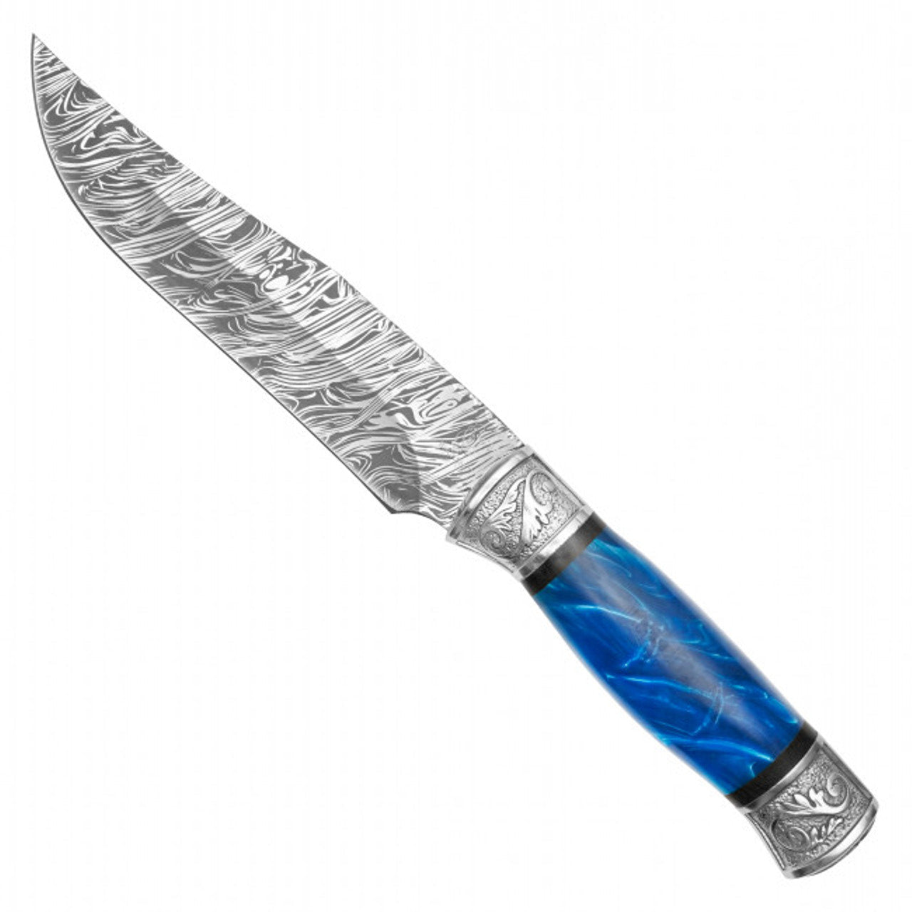 12.25" Blue Marbled Hunting Knife – Etched Damascus Steel & Elegant Design