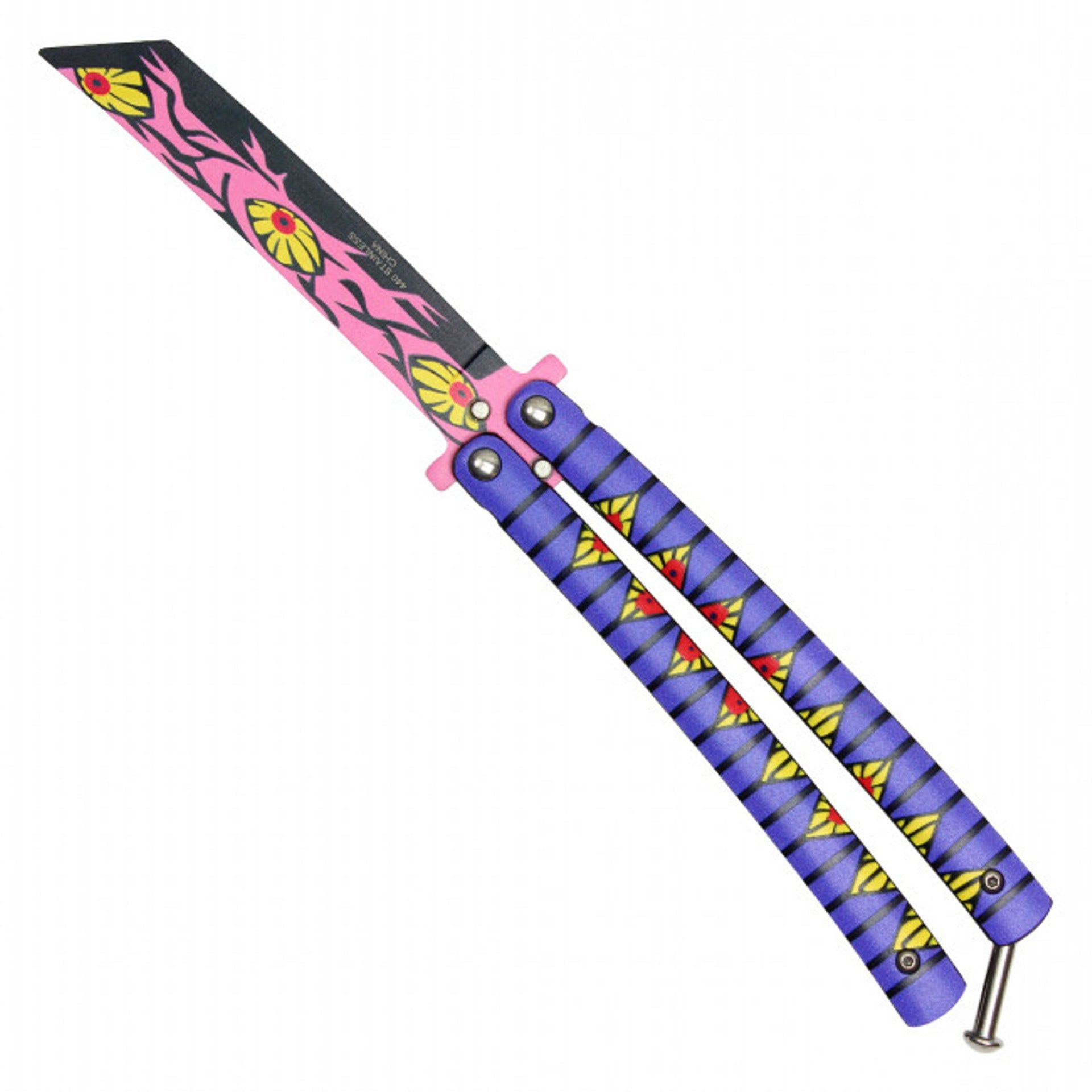 Back view of Kokushibo anime balisong trainer butterfly knife inspired by Demon Slayer