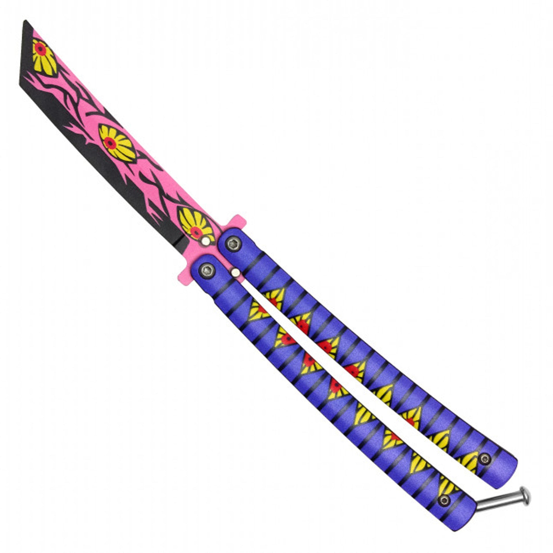 Front view of Kokushibo anime balisong trainer butterfly knife inspired by Demon Slayer