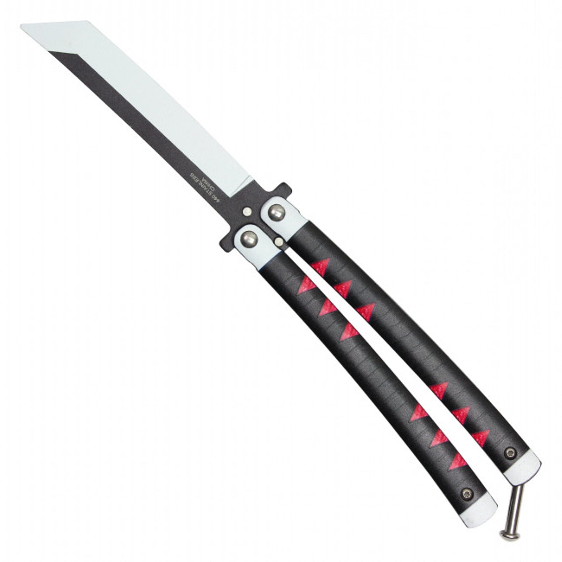 Back view of Tanjiro Variant 2 anime balisong trainer butterfly knife inspired by Demon Slayer