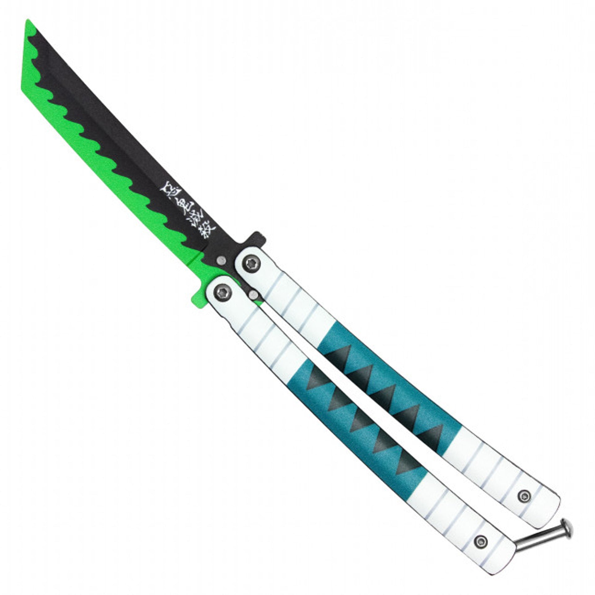 Front view of Sanemi anime balisong trainer butterfly knife inspired by Demon Slayer