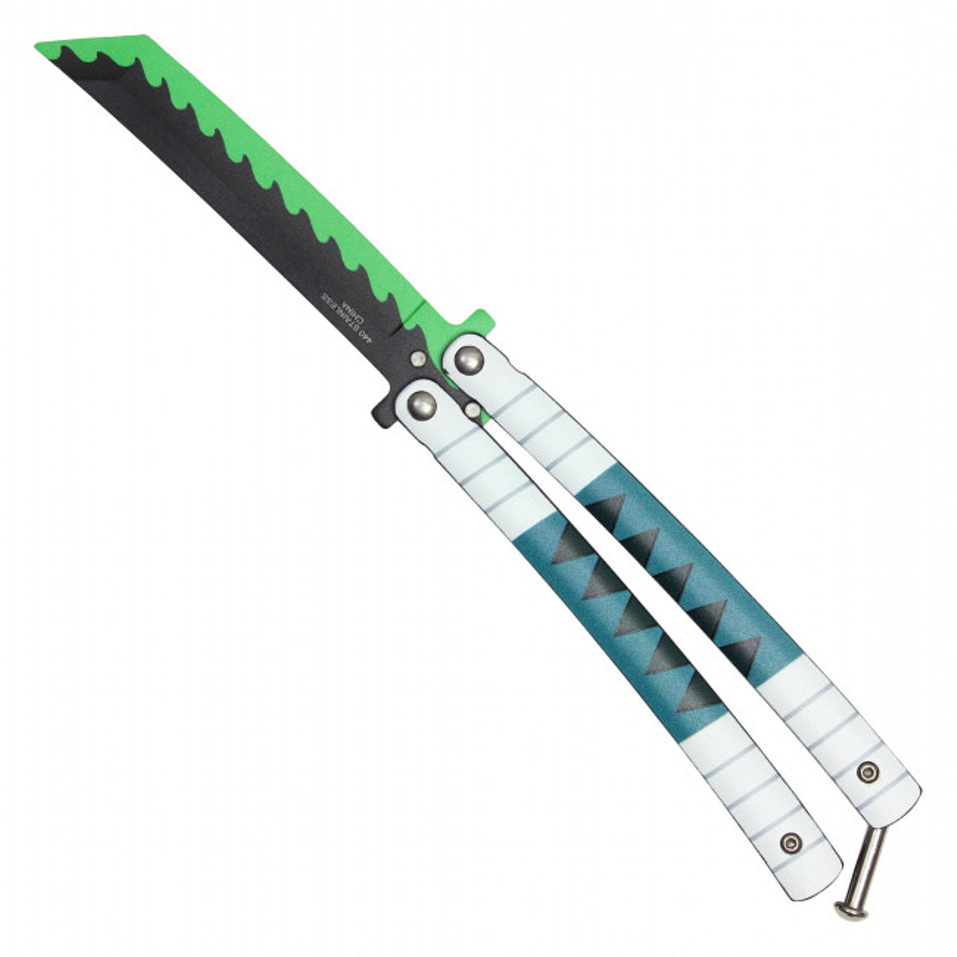Back view of Sanemi anime balisong trainer butterfly knife inspired by Demon Slayer