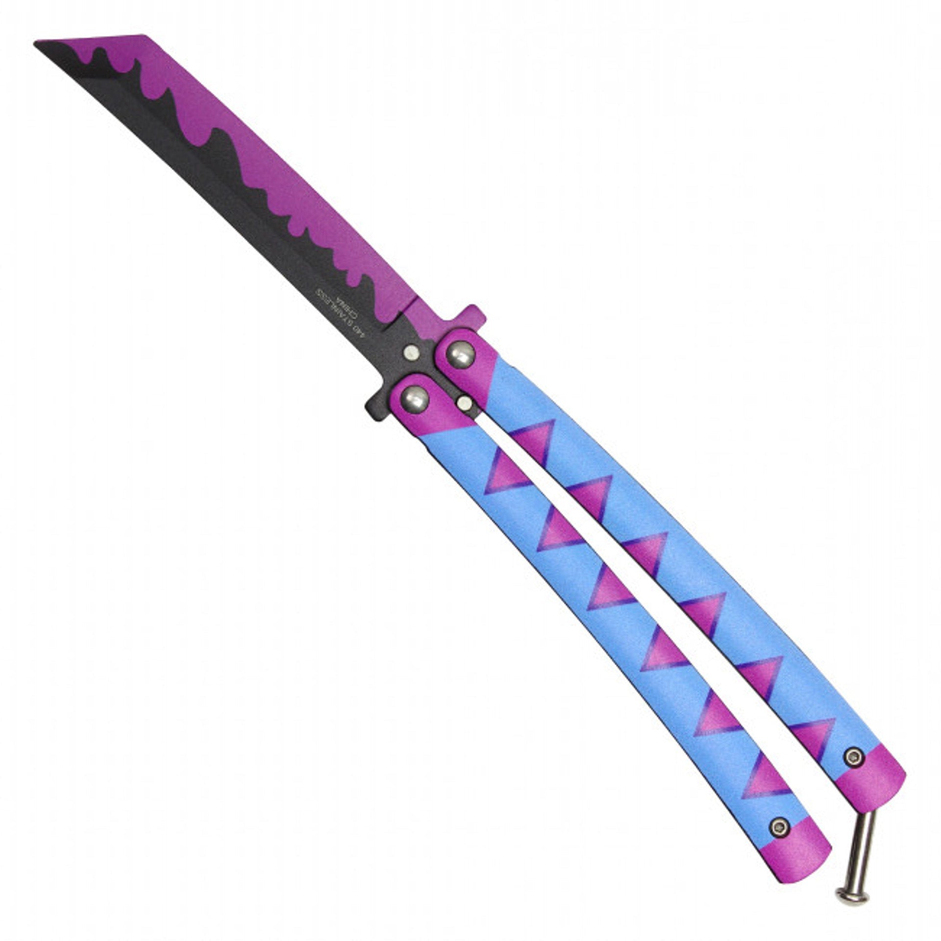 Back view of Mitsuri anime balisong trainer butterfly knife inspired by Demon Slayer