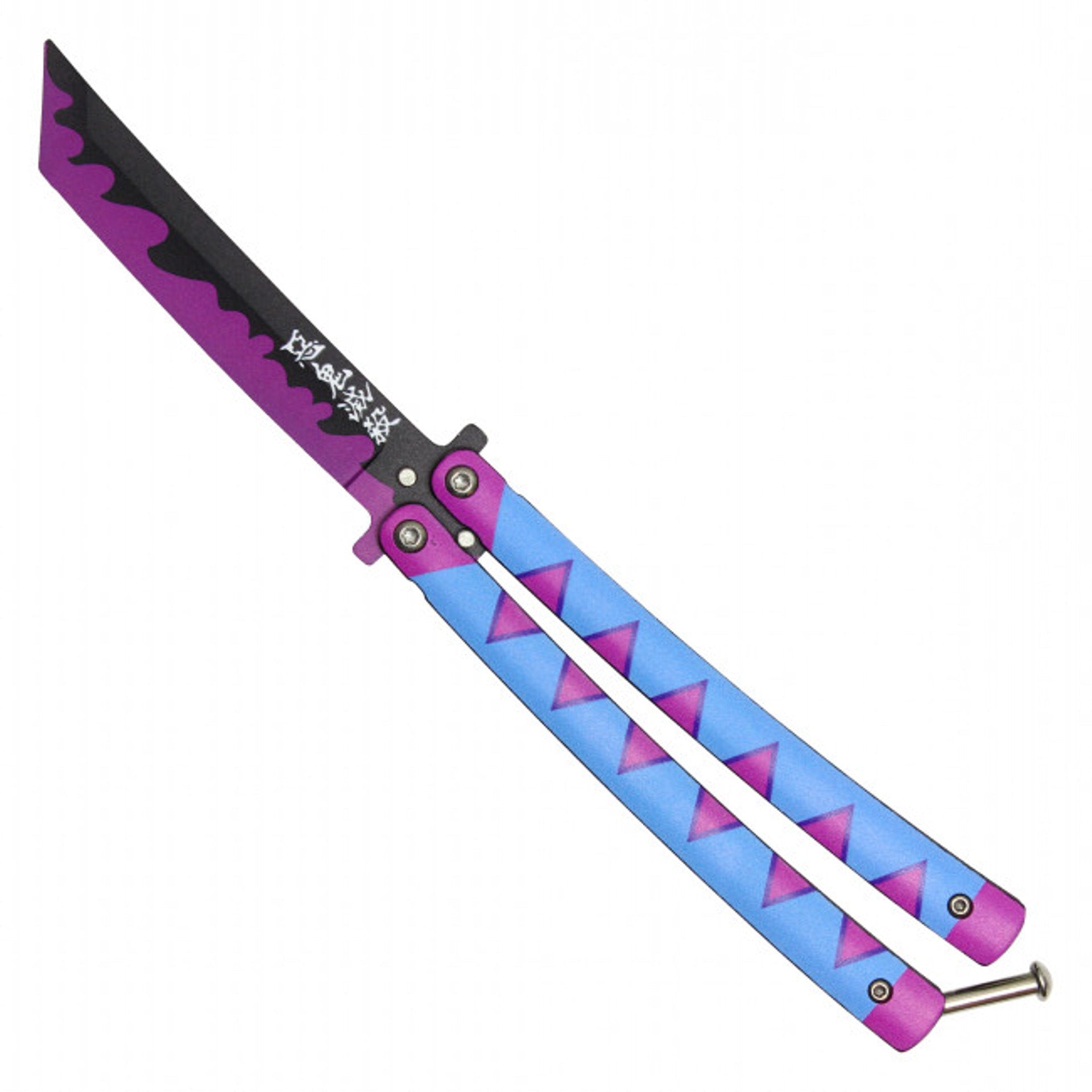 Front view of Mitsuri anime balisong trainer butterfly knife inspired by Demon Slayer