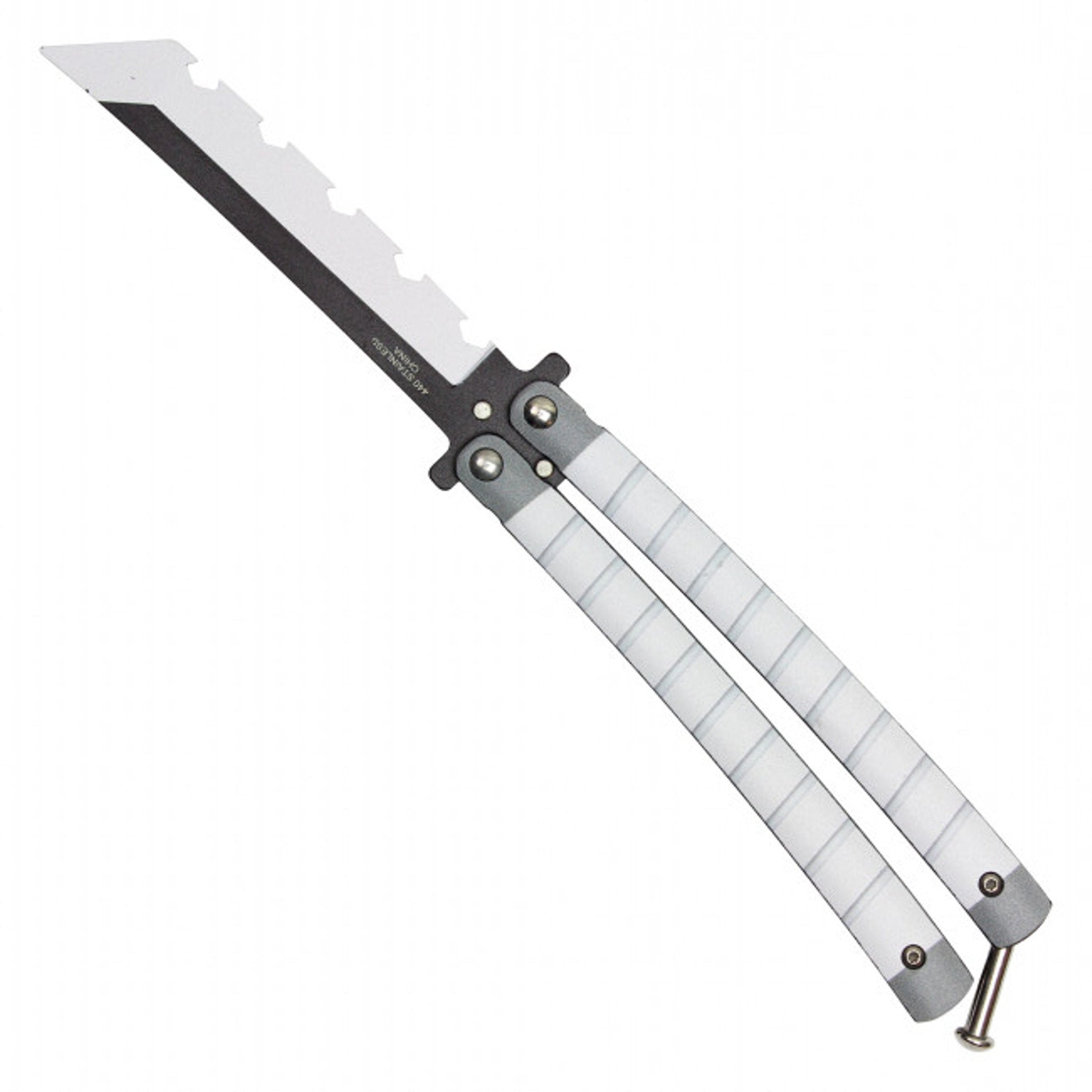 Back view of Inosuke anime balisong trainer butterfly knife inspired by Demon Slayer