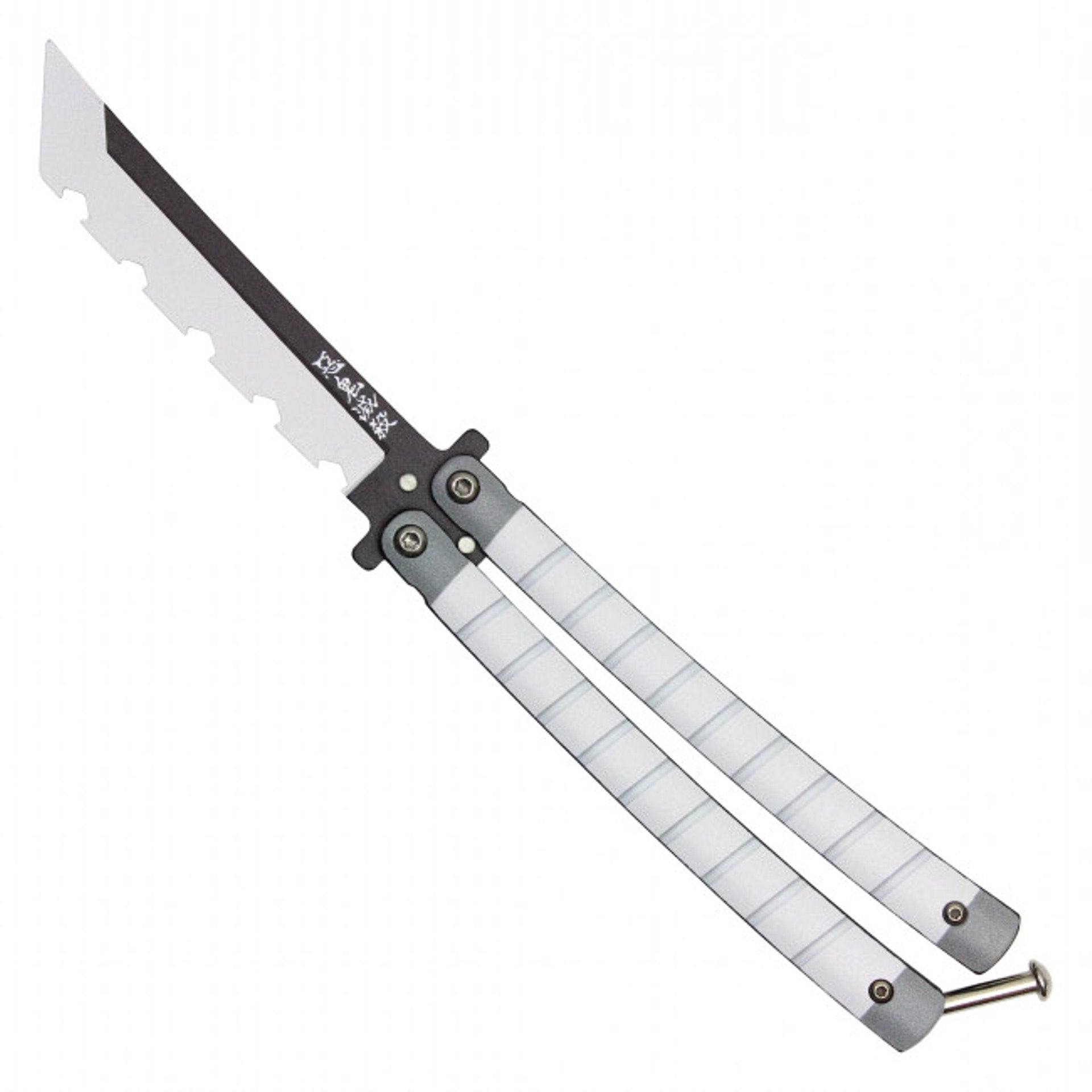 Front view of Inosuke anime balisong trainer butterfly knife inspired by Demon Slayer