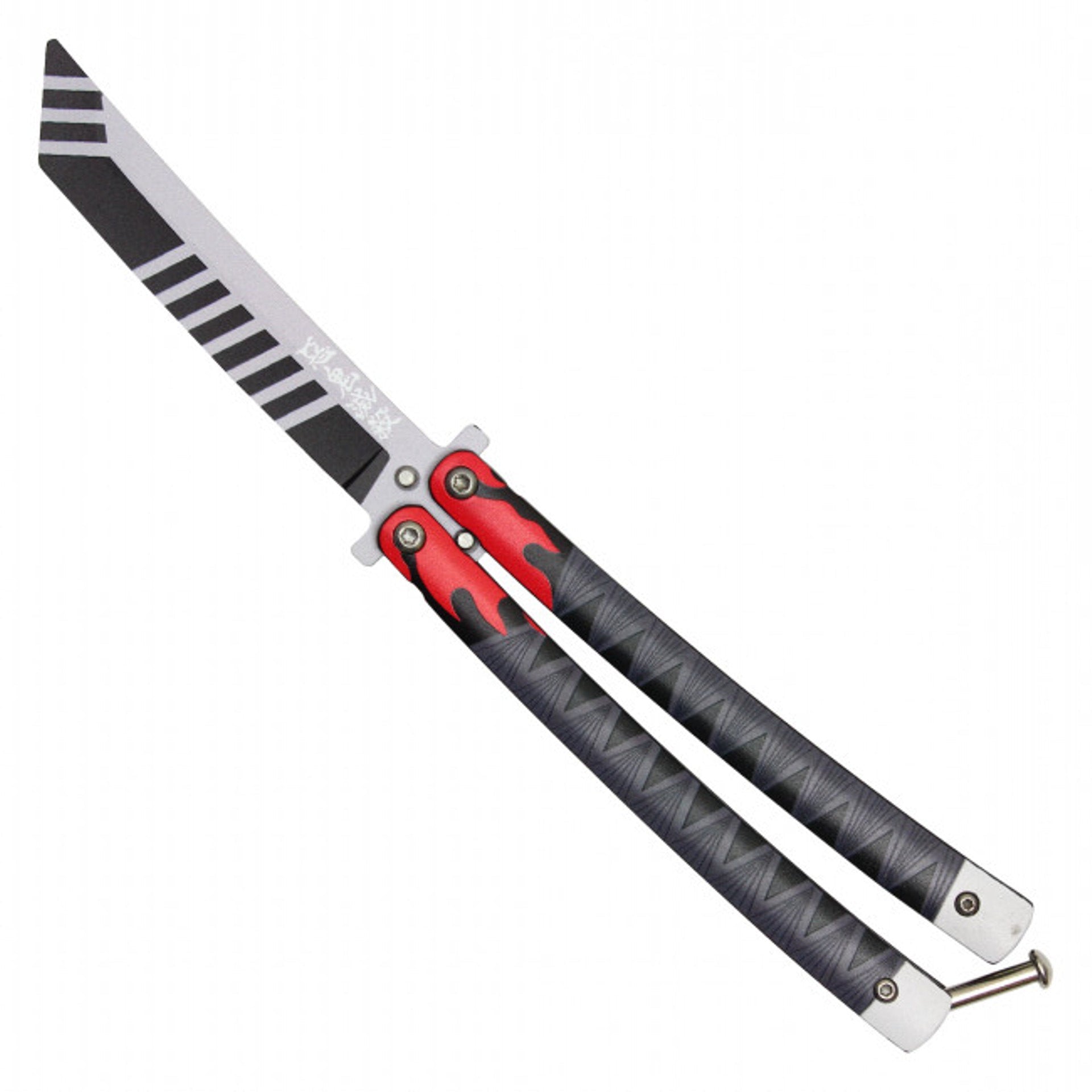 Front view of Tanjiro anime balisong trainer butterfly knife inspired by Demon Slayer