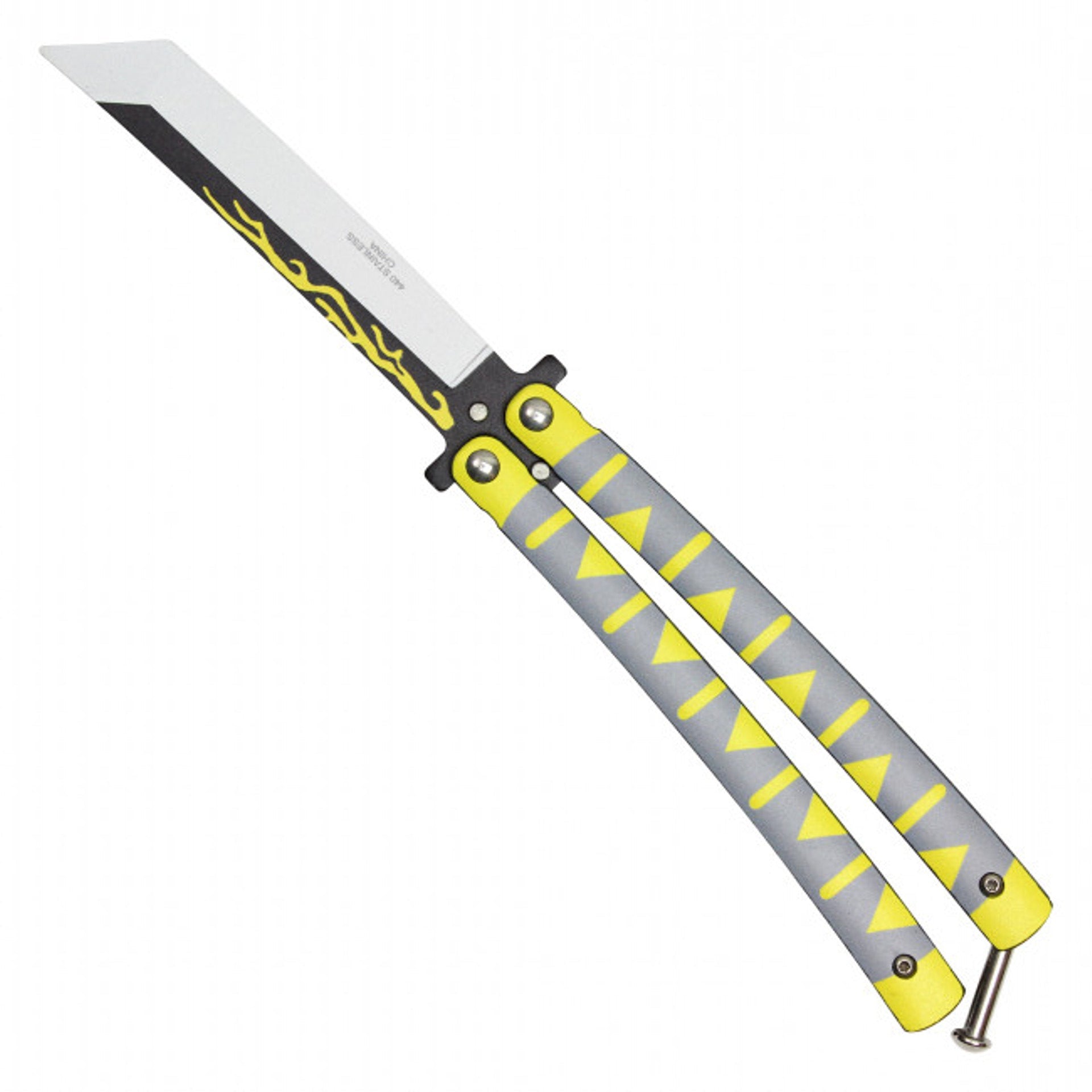 Back view of Zenitsu anime balisong trainer butterfly knife inspired by Demon Slayer