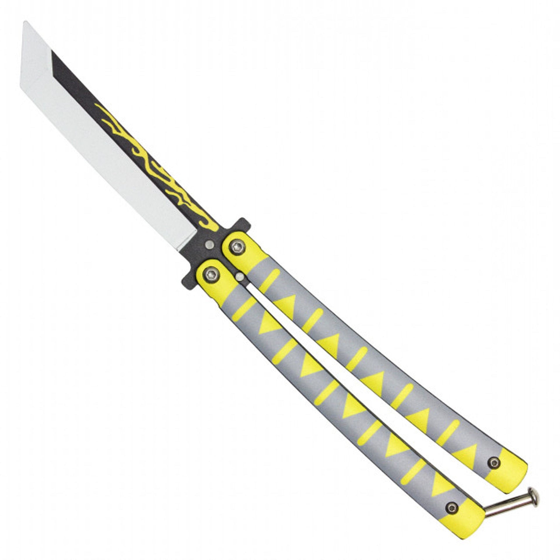 Front view of Zenitsu anime balisong trainer butterfly knife inspired by Demon Slayer