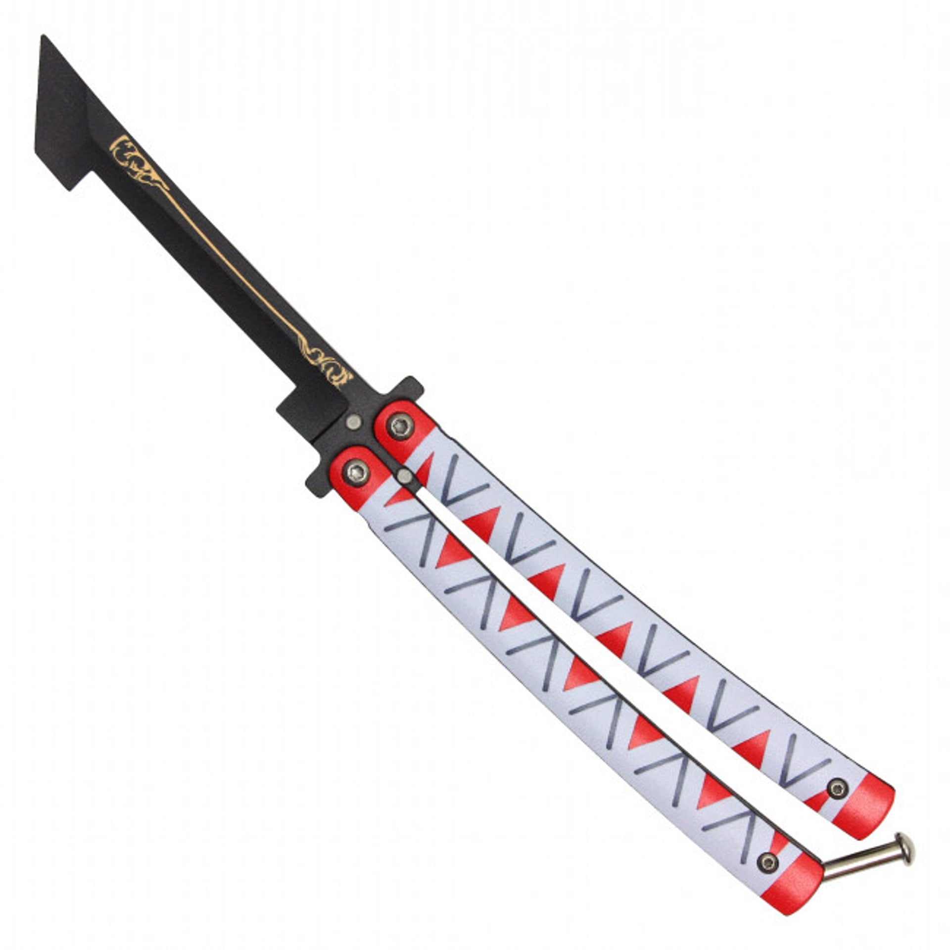 Front view of Kanae anime balisong trainer butterfly knife inspired by Demon Slayer