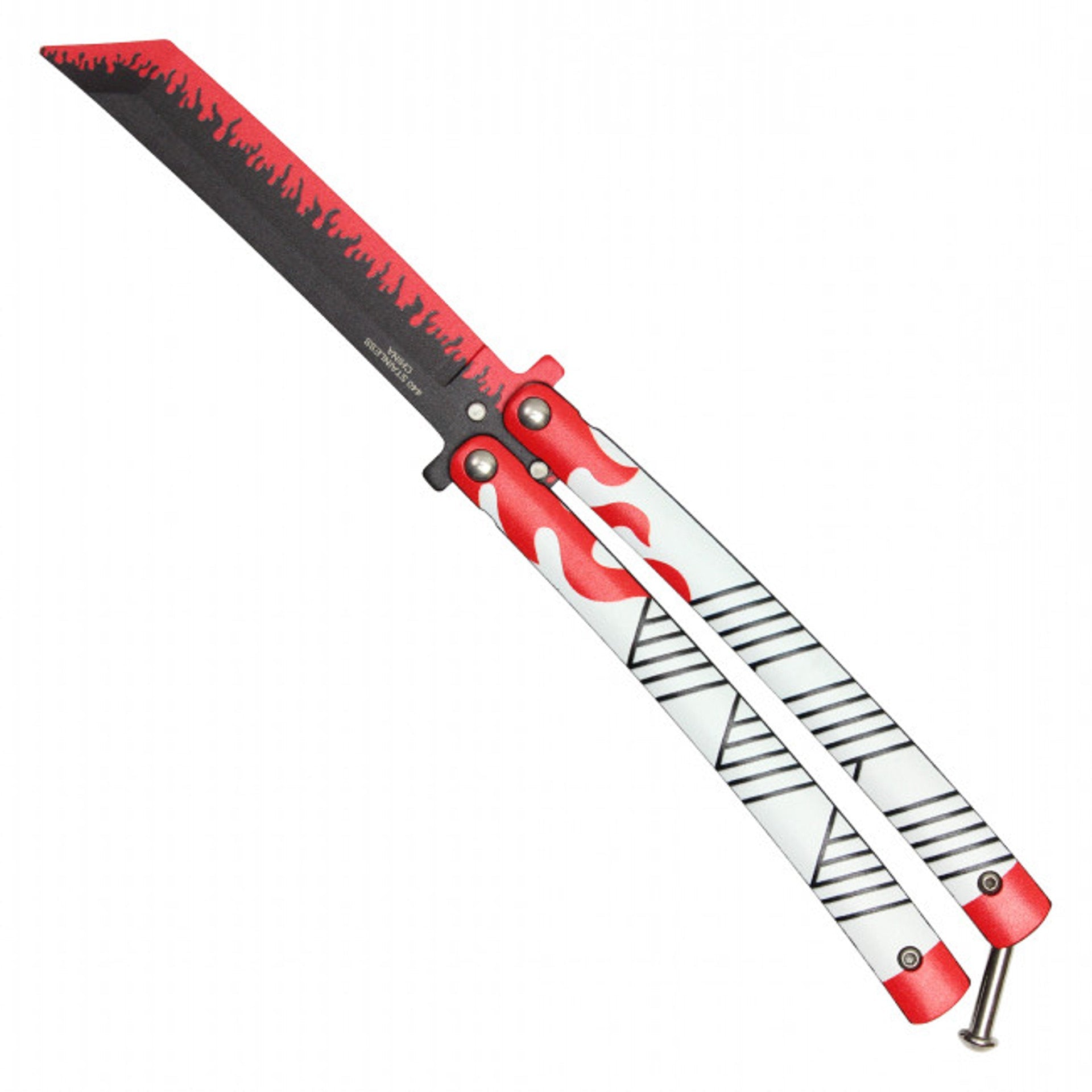Back view of Rengoku anime balisong trainer butterfly knife inspired by Demon Slayer