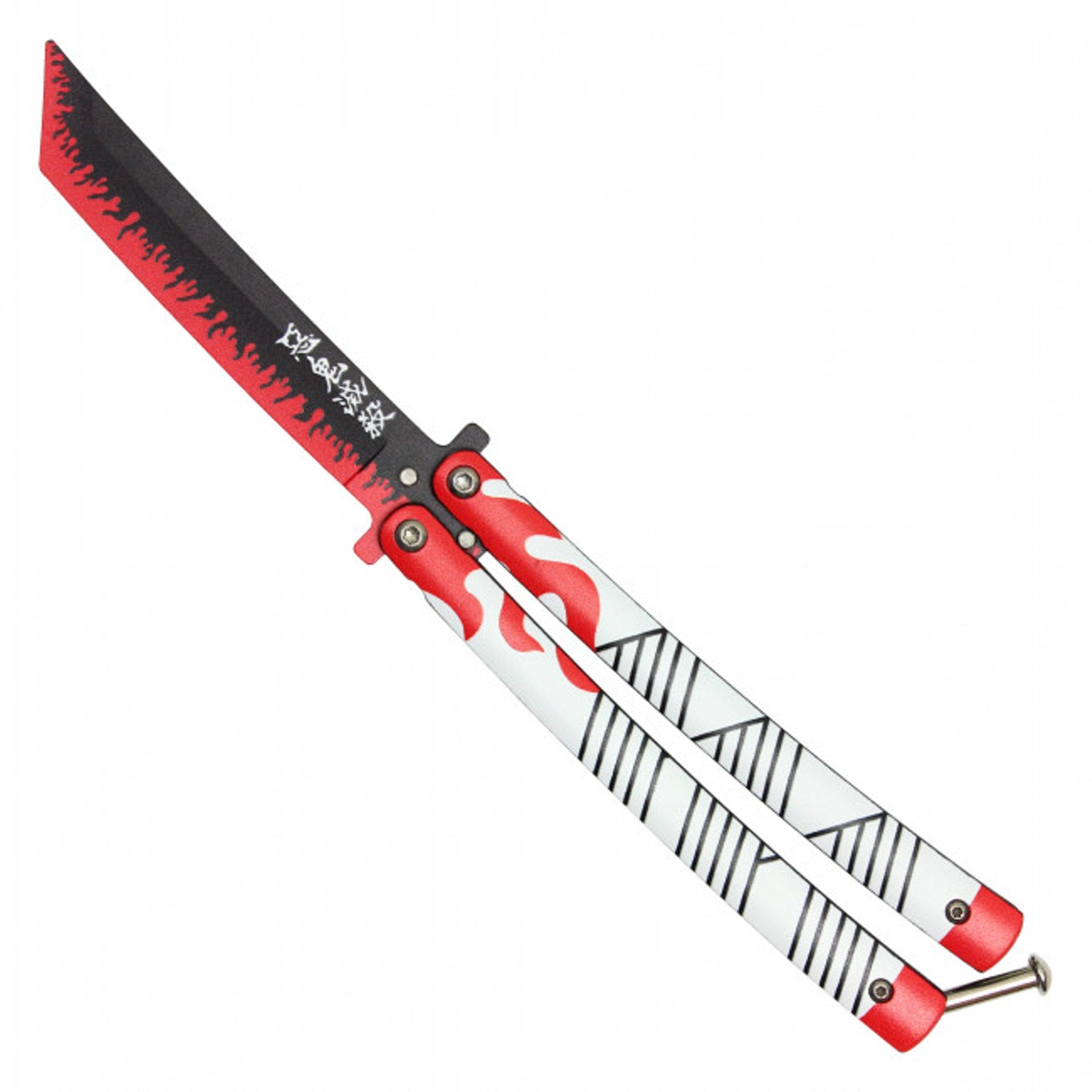 Front view of Rengoku anime balisong trainer butterfly knife inspired by Demon Slayer