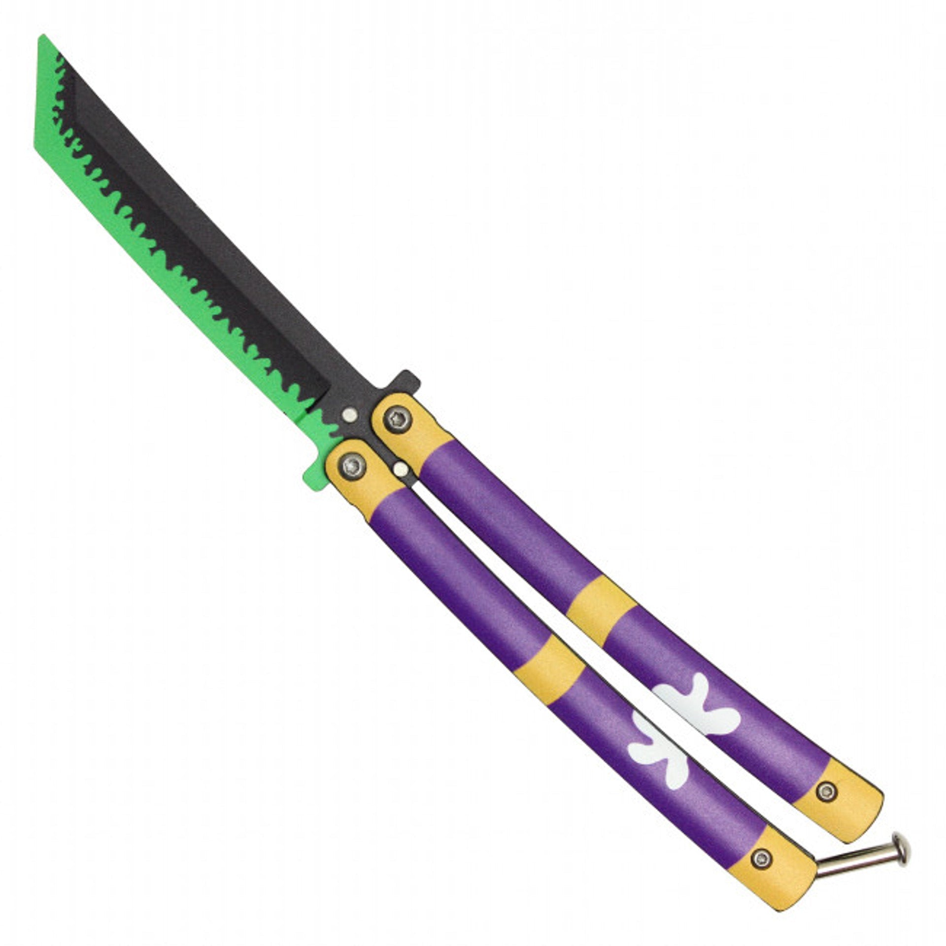 Front view of Zoro Enma anime balisong trainer butterfly knife inspired by One Piece