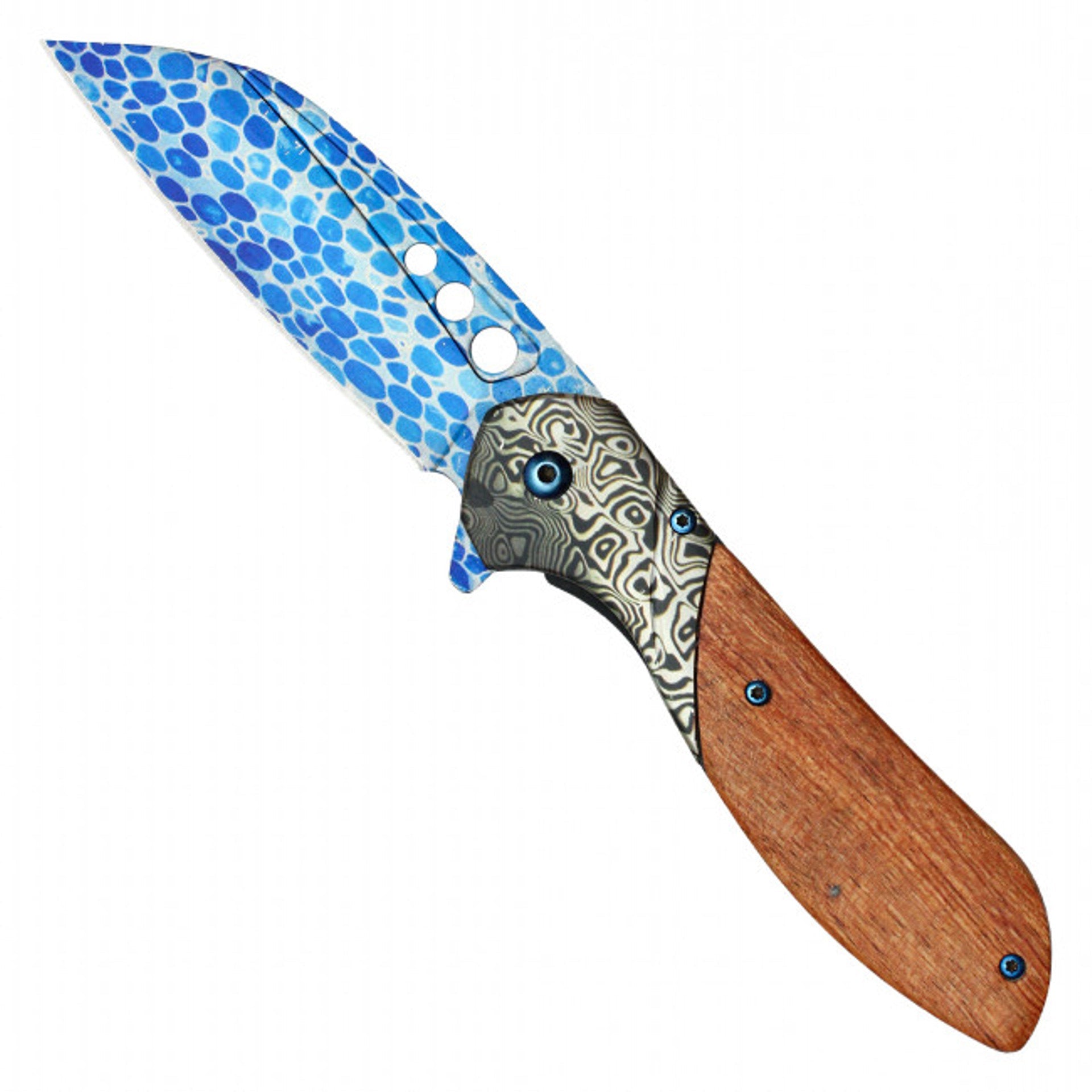 8.25" Wood Damascus Pocket Knife - Blue