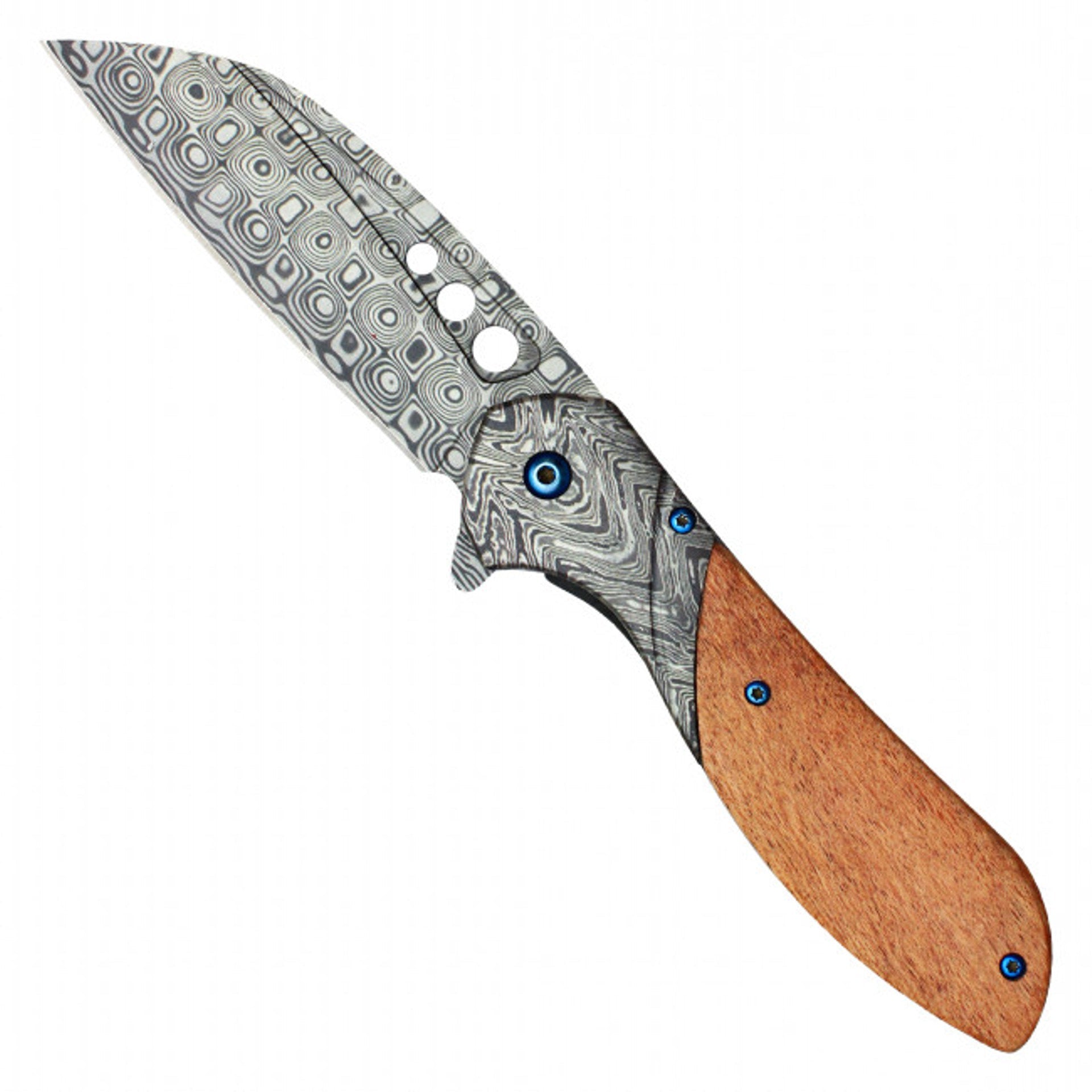 8.25" Wood Damascus Pocket Knife - Chrome