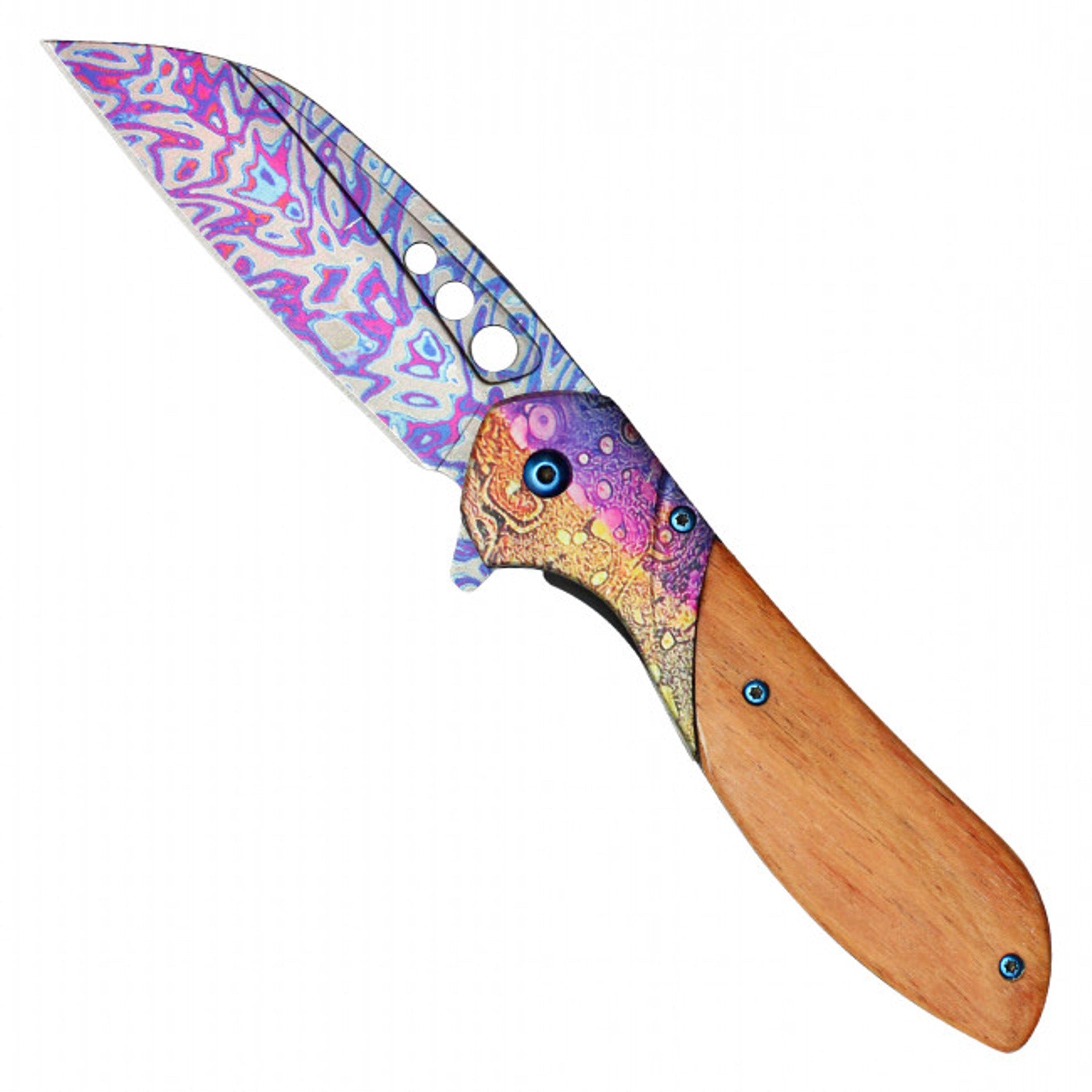 8.25" Wood Damascus Pocket Knife - Rainbow