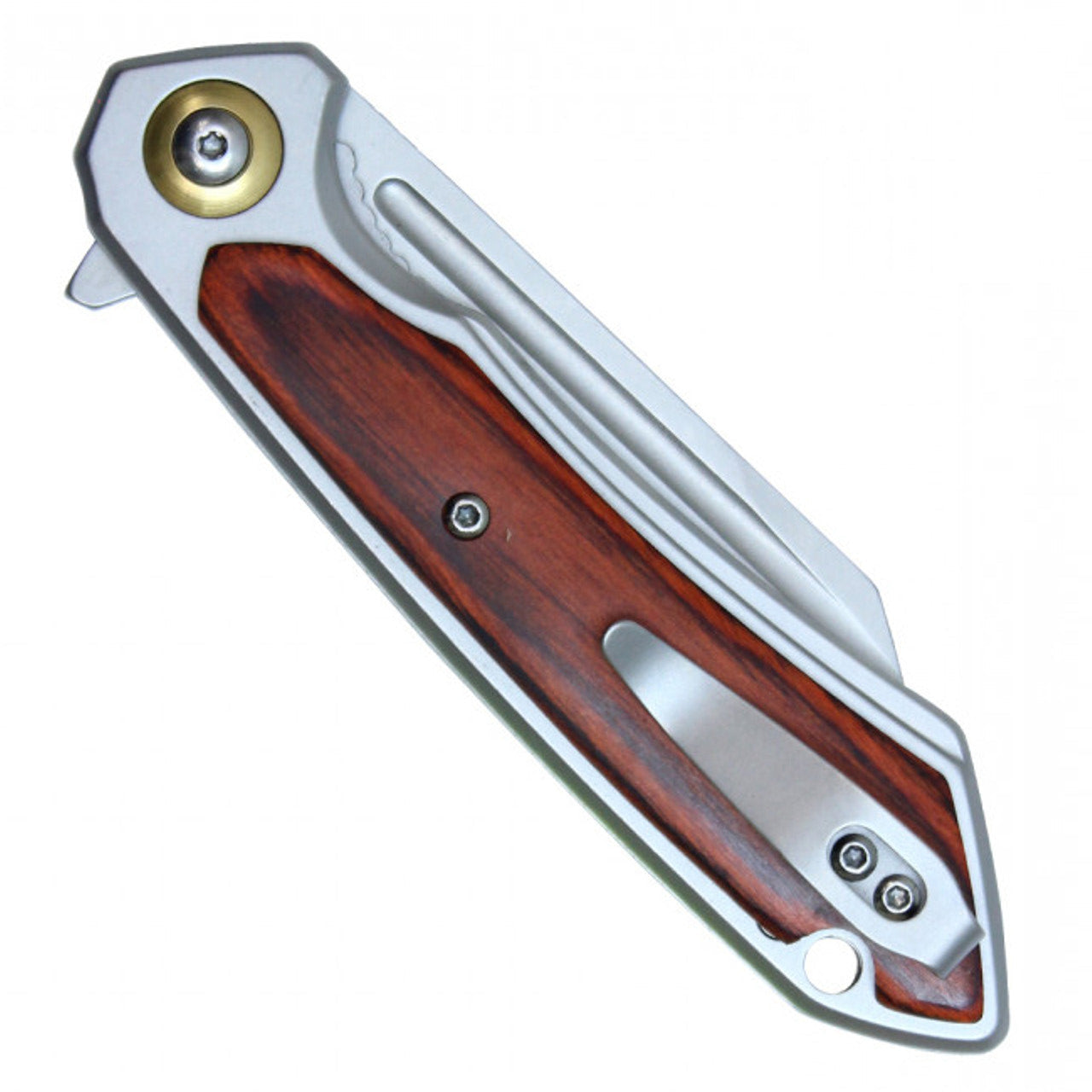 8" Stainless Steel Assisted Pocket Knife – Wood Handle & Gold Accent