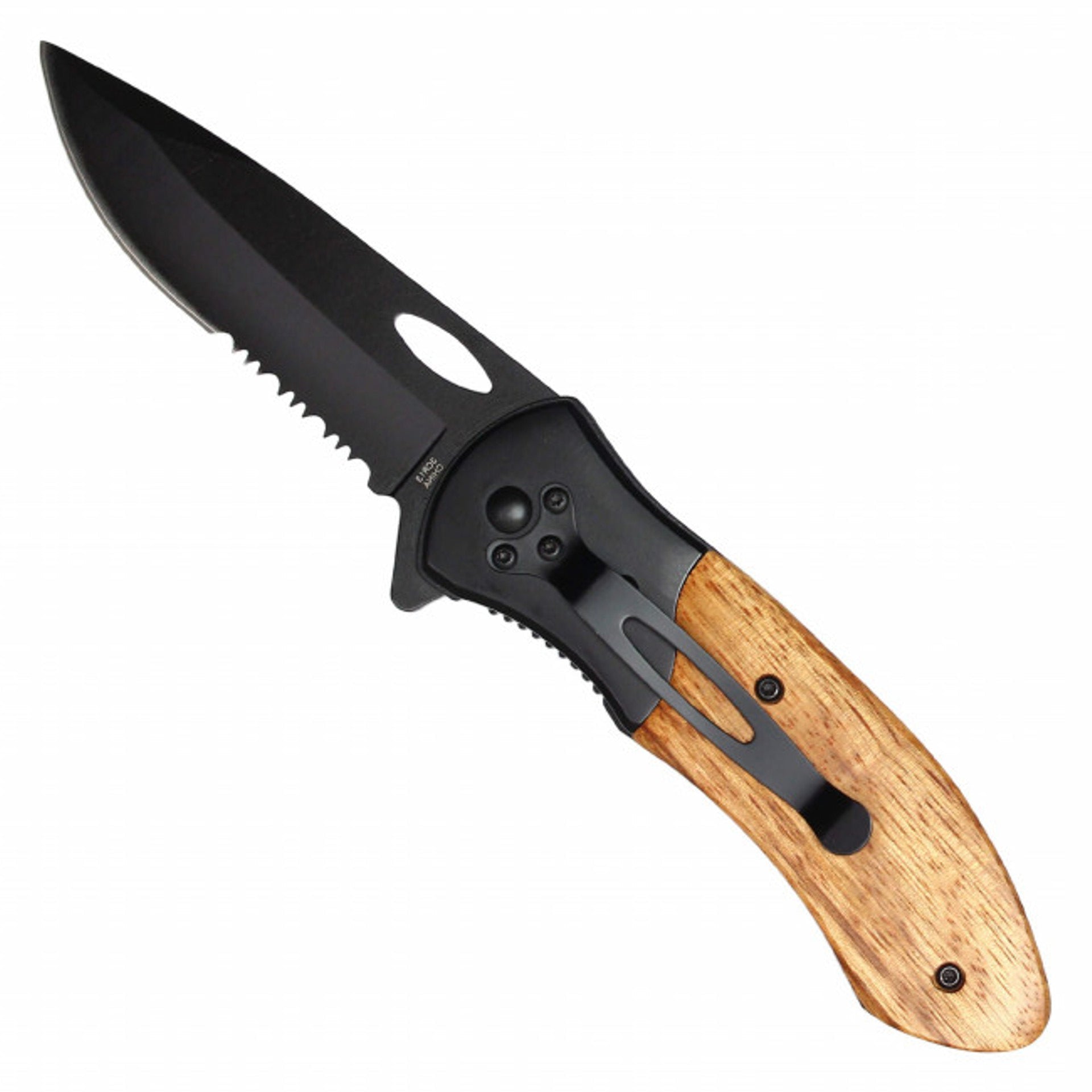8" Black Serrated Pocket Knife – Wood Handle