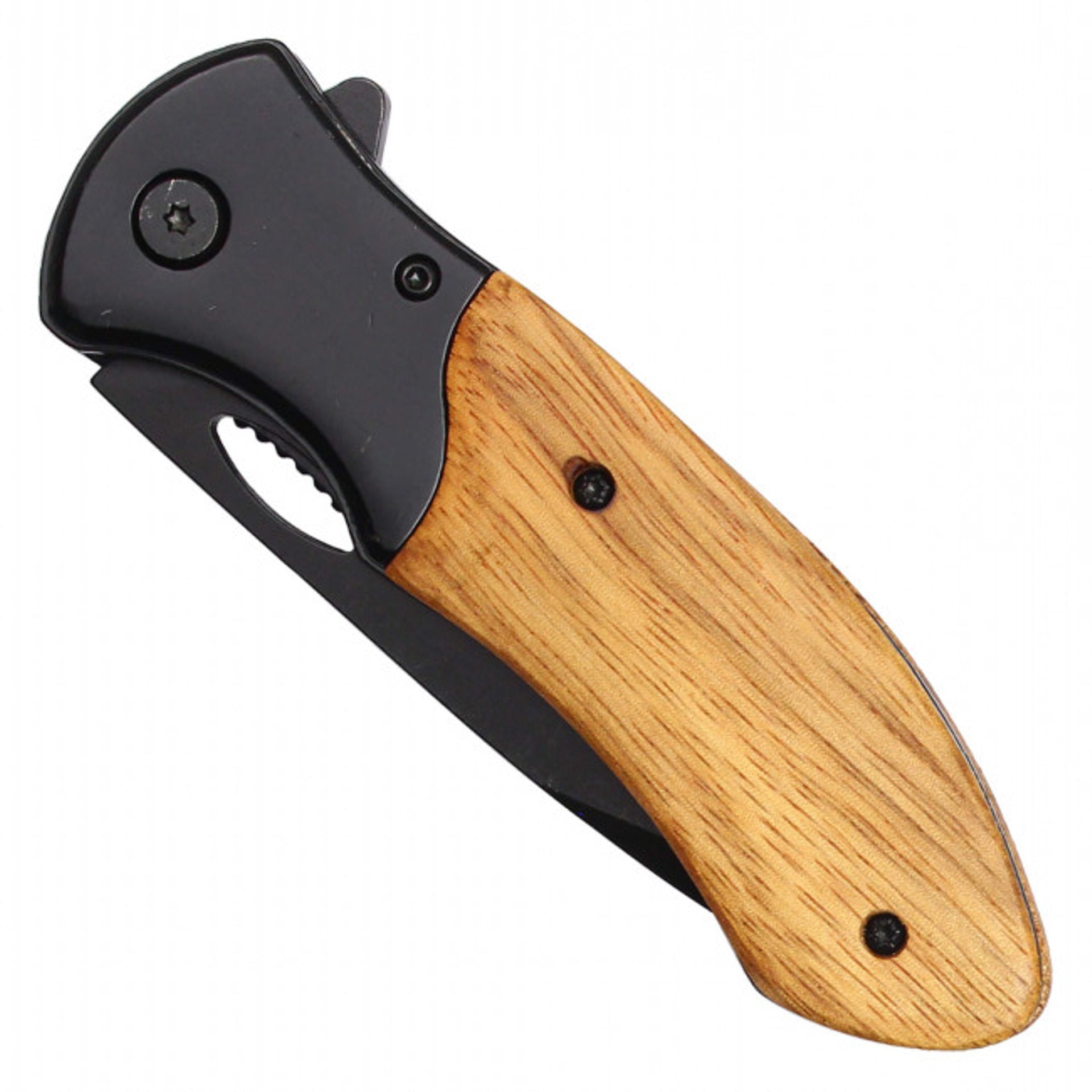 8" Black Serrated Pocket Knife – Wood Handle