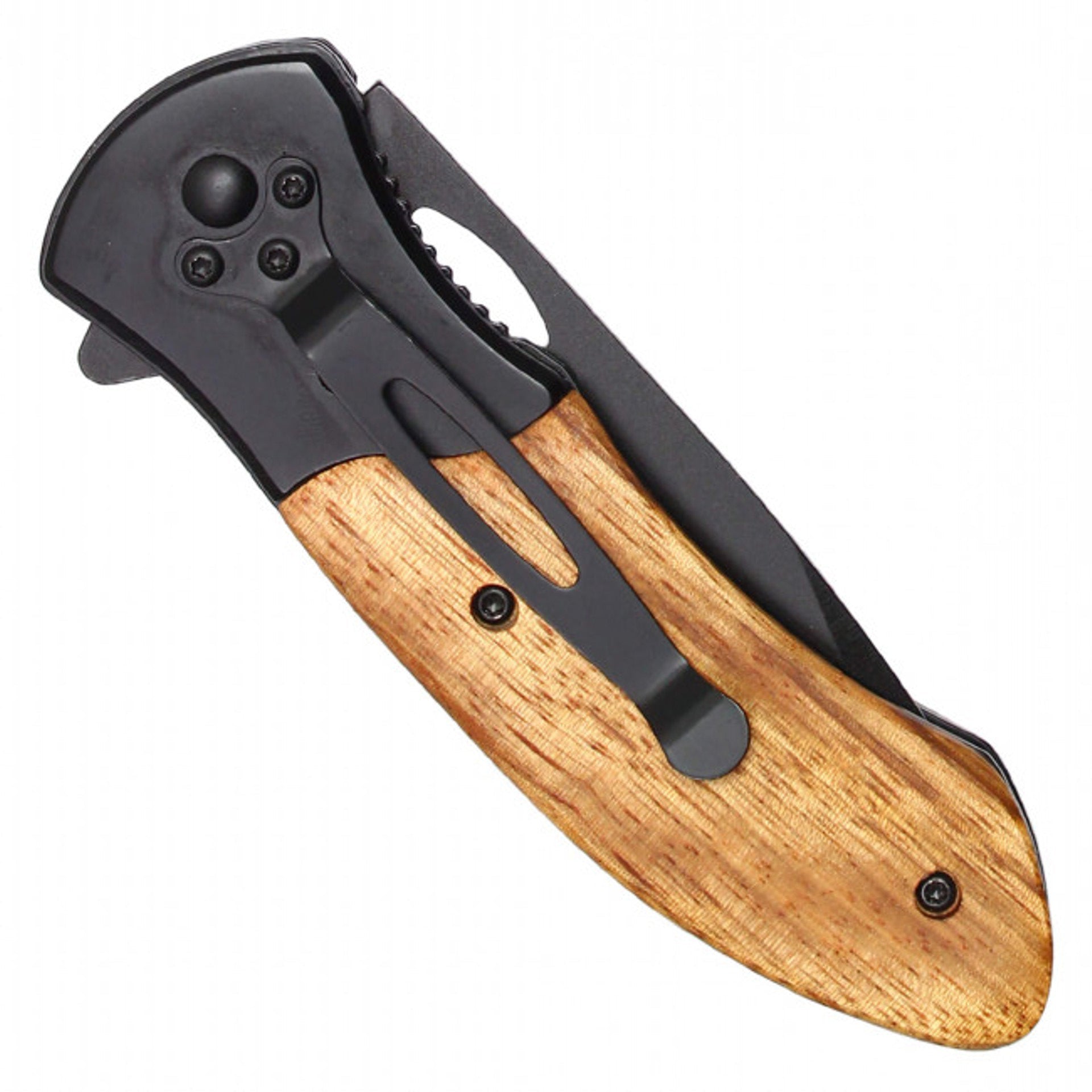 8" Black Serrated Pocket Knife – Wood Handle
