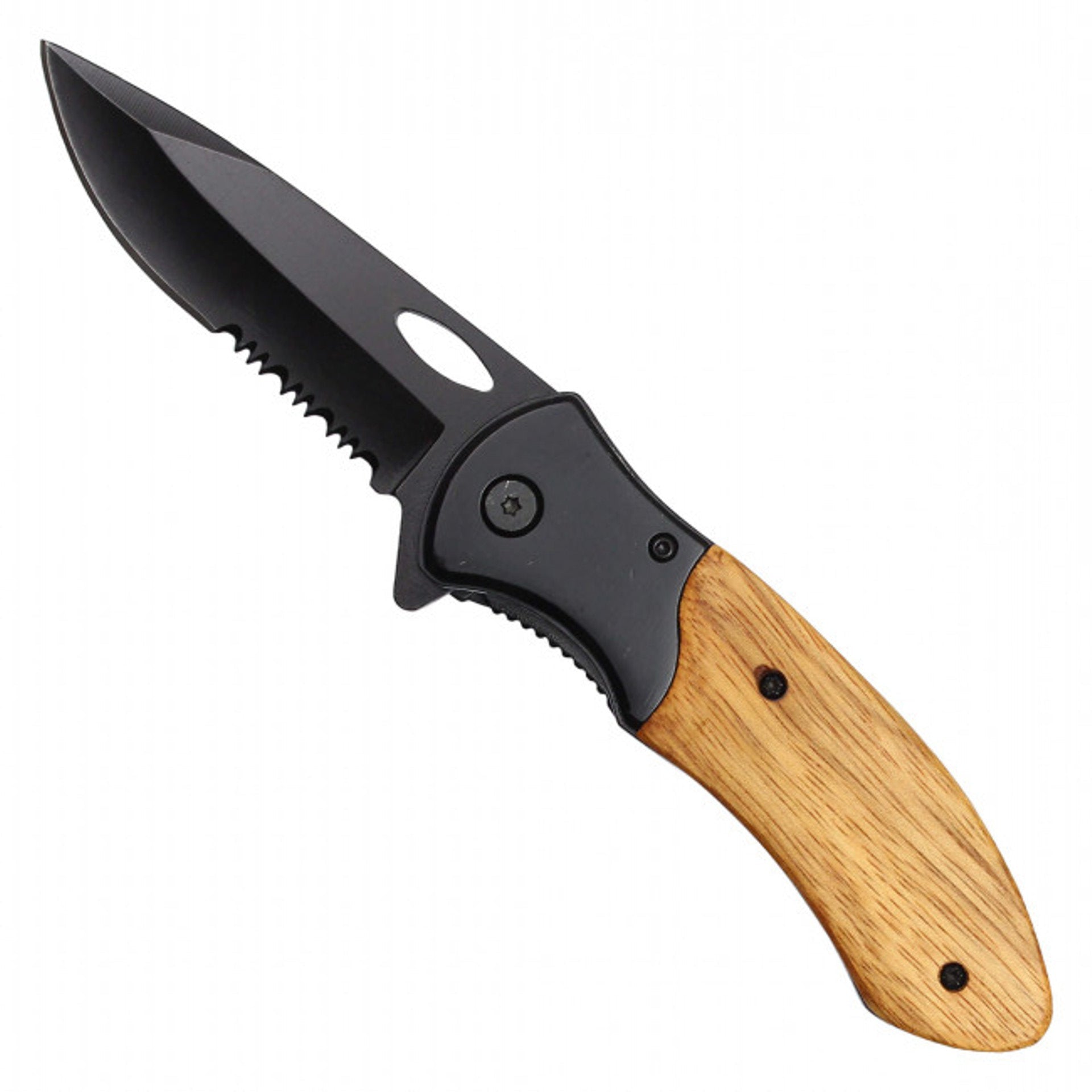 8" Black Serrated Pocket Knife – Wood Handle