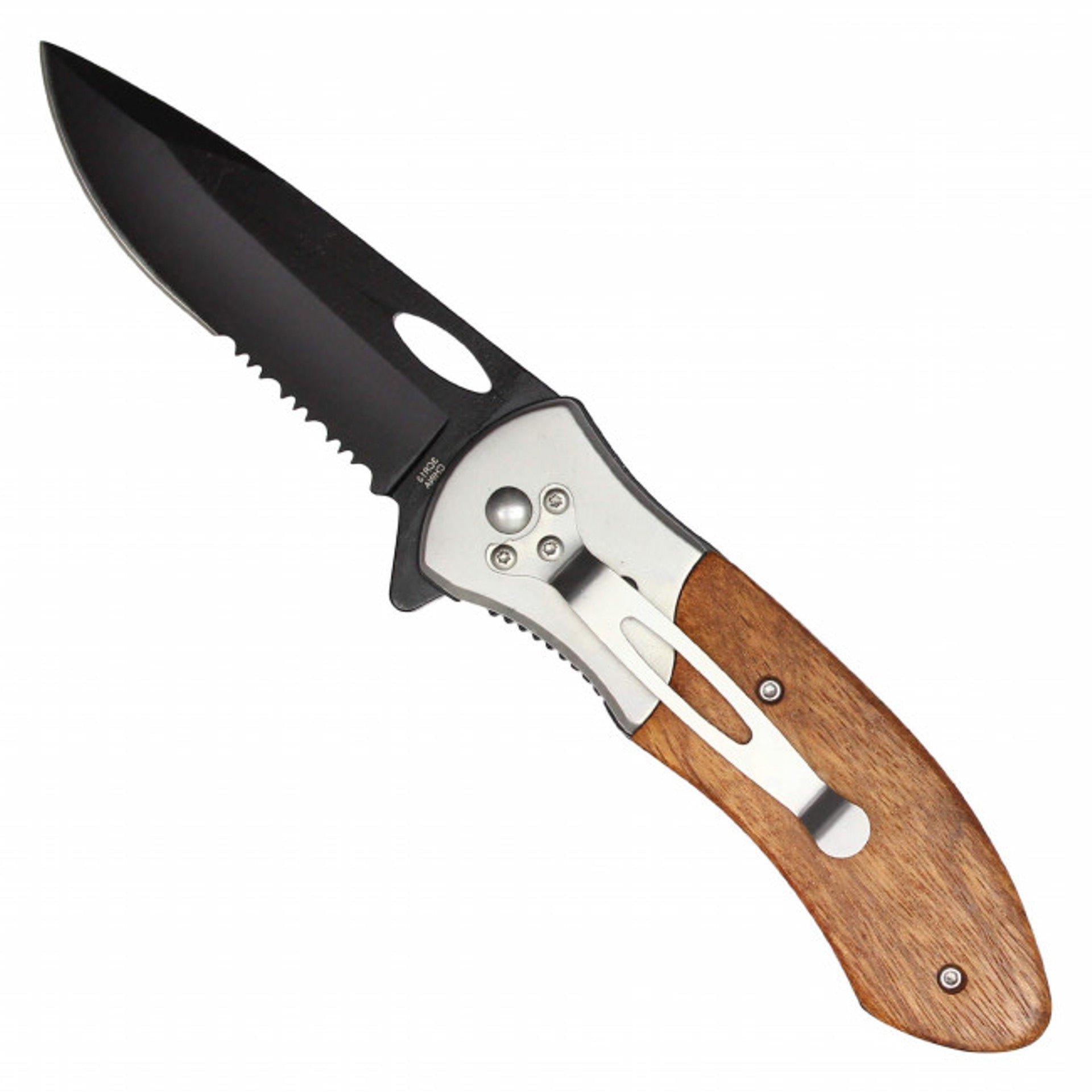 8" Black Serrated Chrome Pocket Knife – Wood Handle