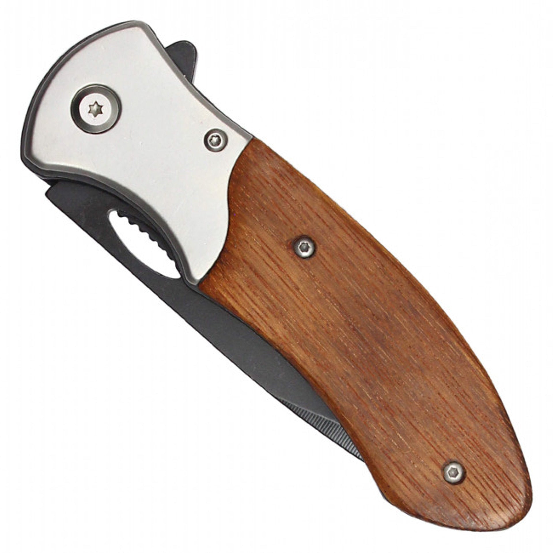 8" Black Serrated Chrome Pocket Knife – Wood Handle