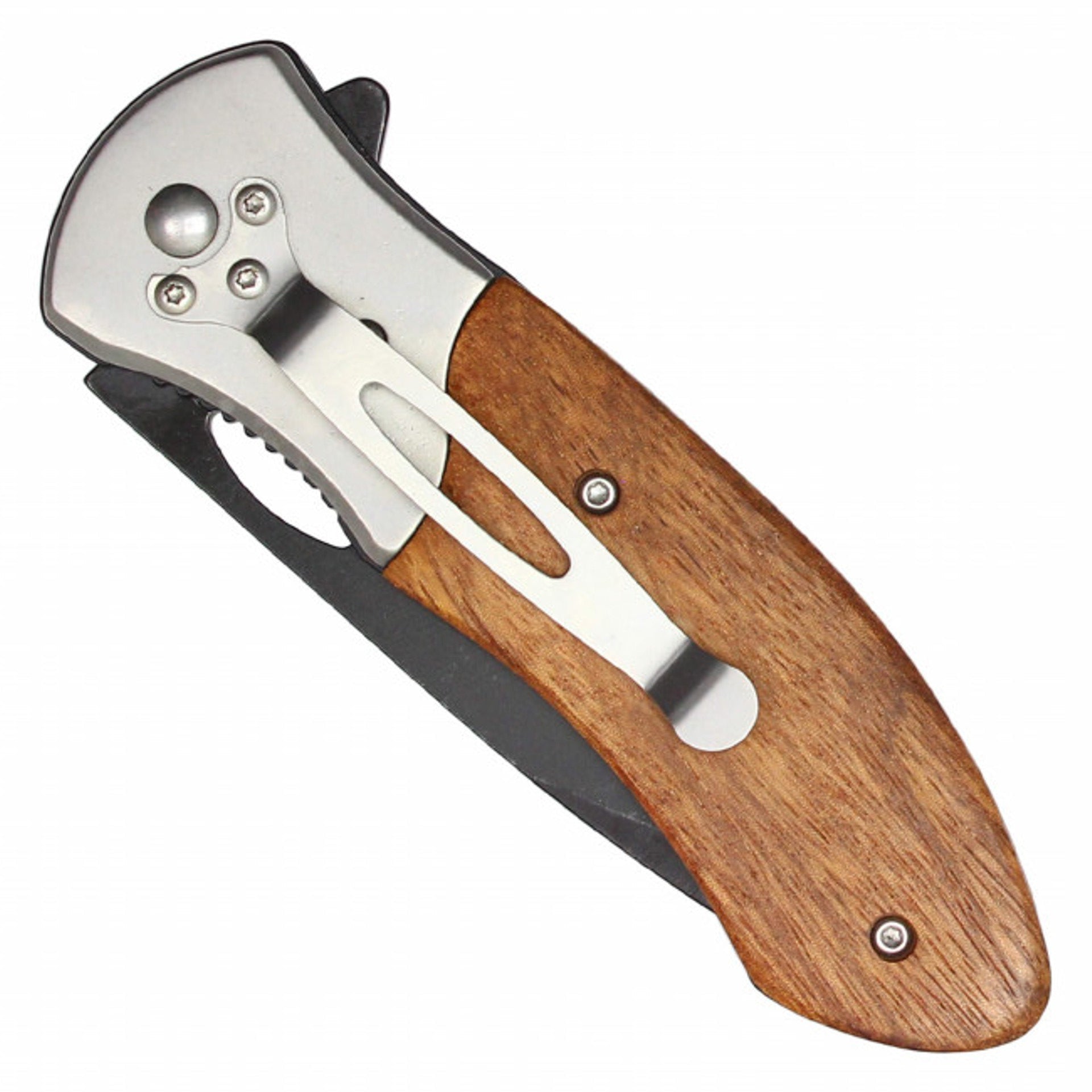 8" Black Serrated Chrome Pocket Knife – Wood Handle