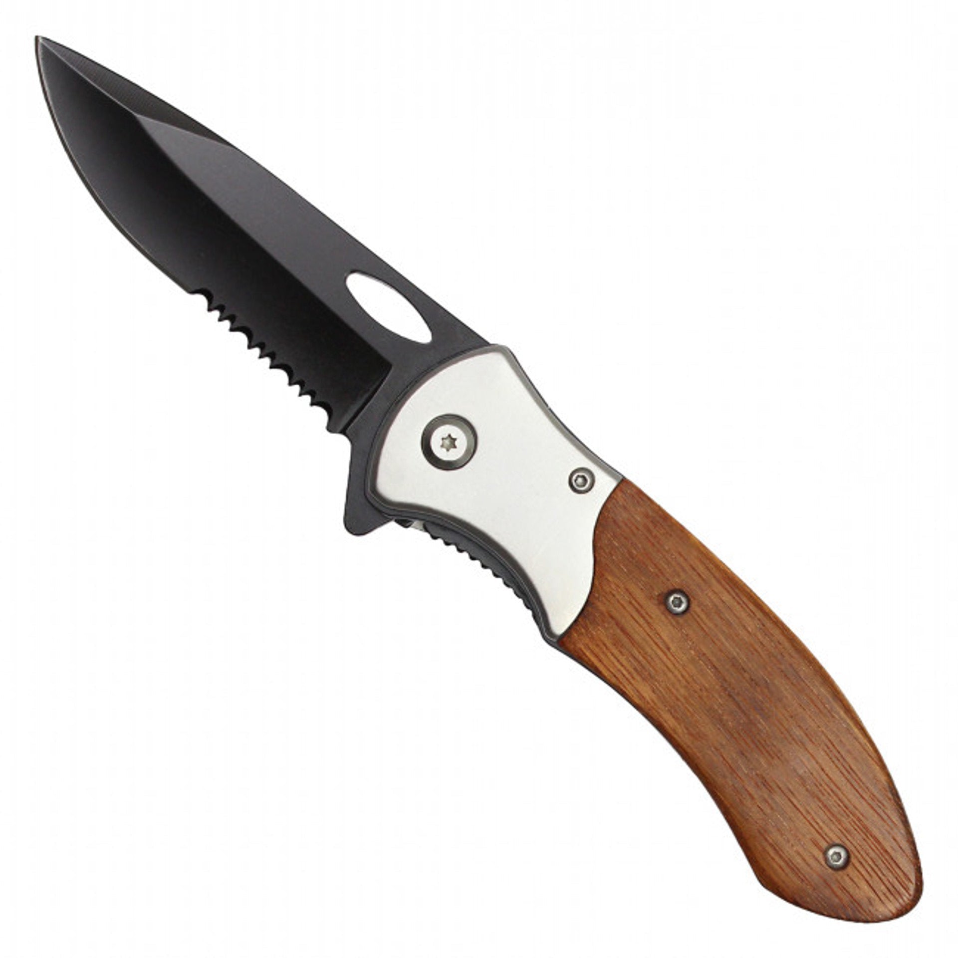 8" Black Serrated Chrome Pocket Knife – Wood Handle