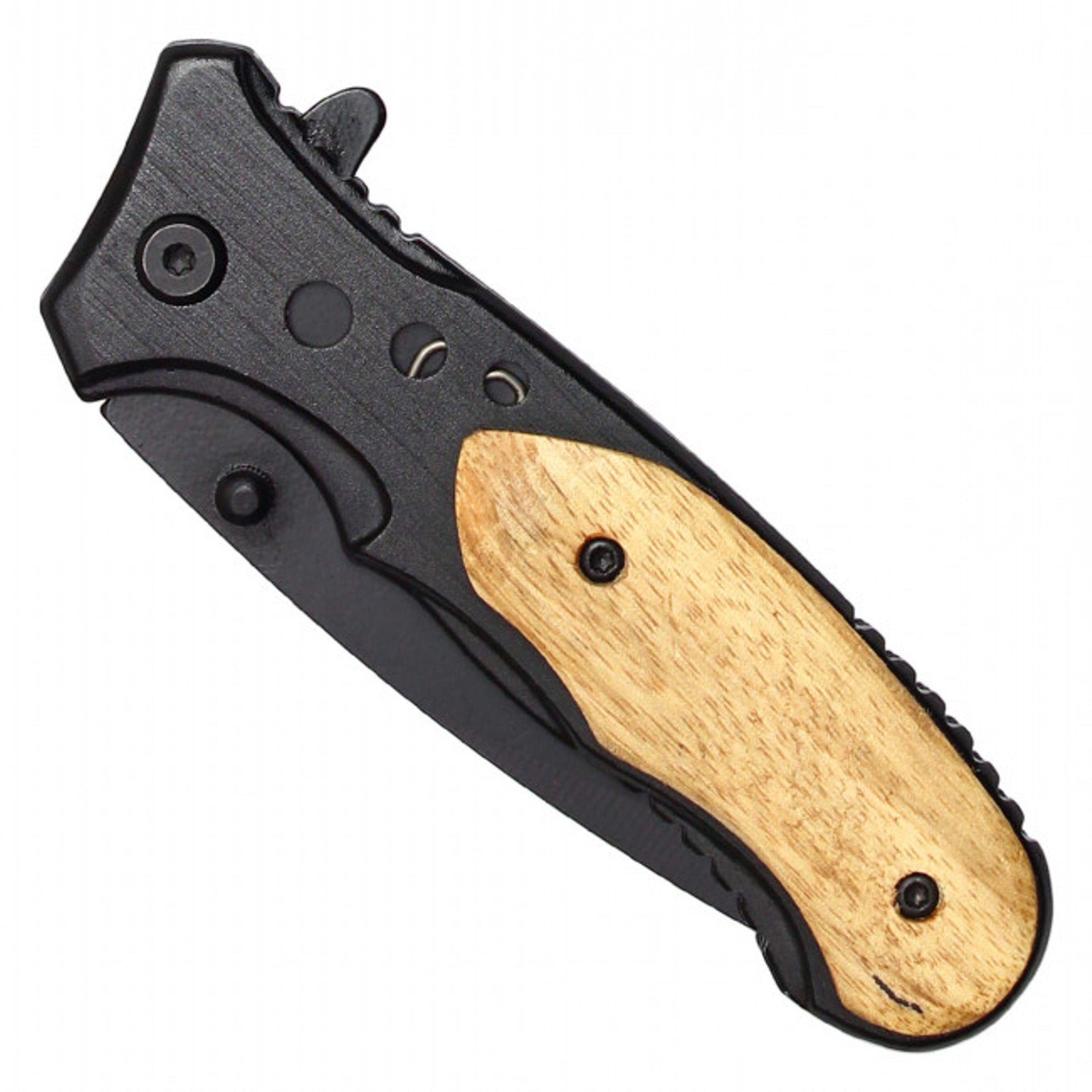 7.75" Black Assisted Pocket Knife – Zebra Wood Handle