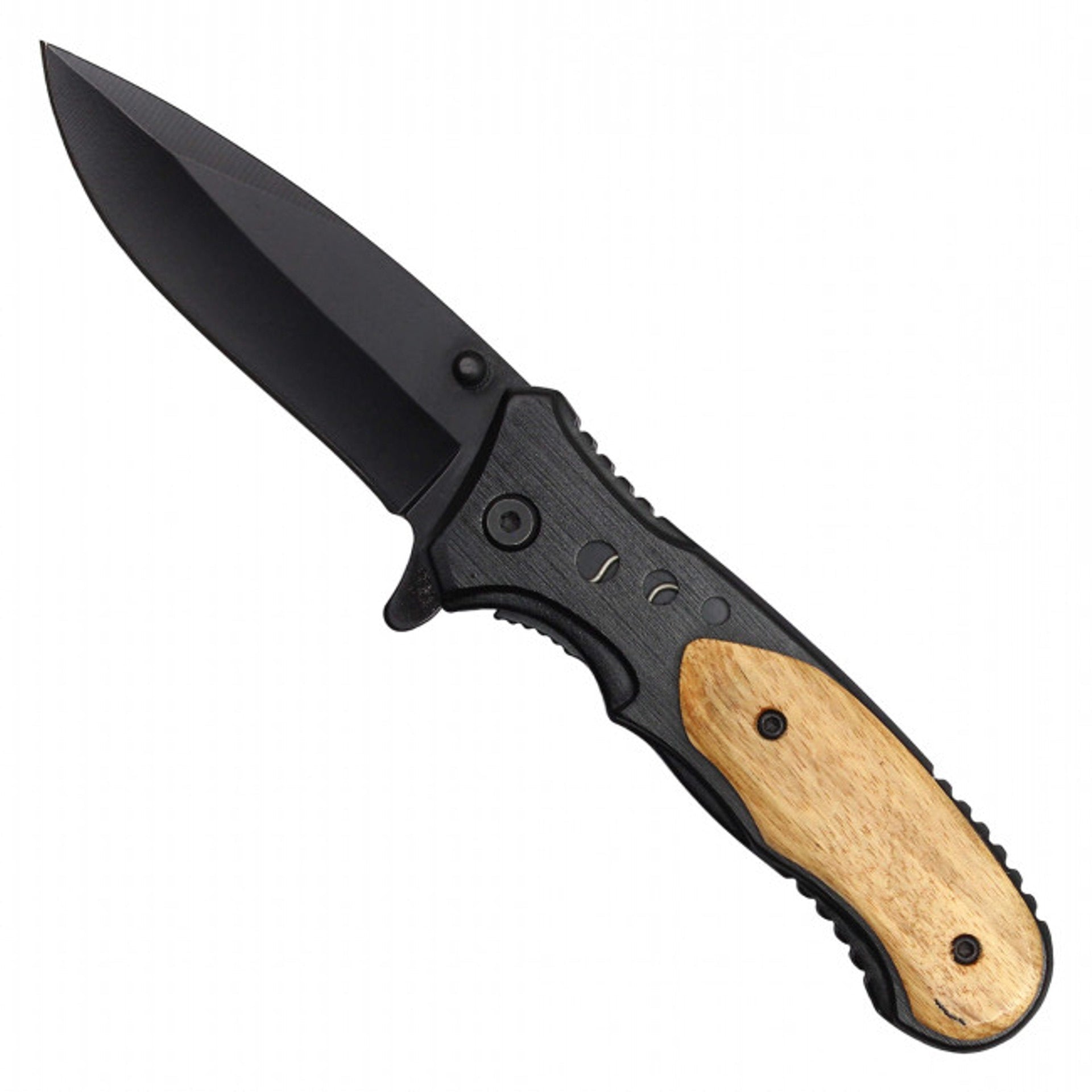 7.75" Black Assisted Pocket Knife – Zebra Wood Handle