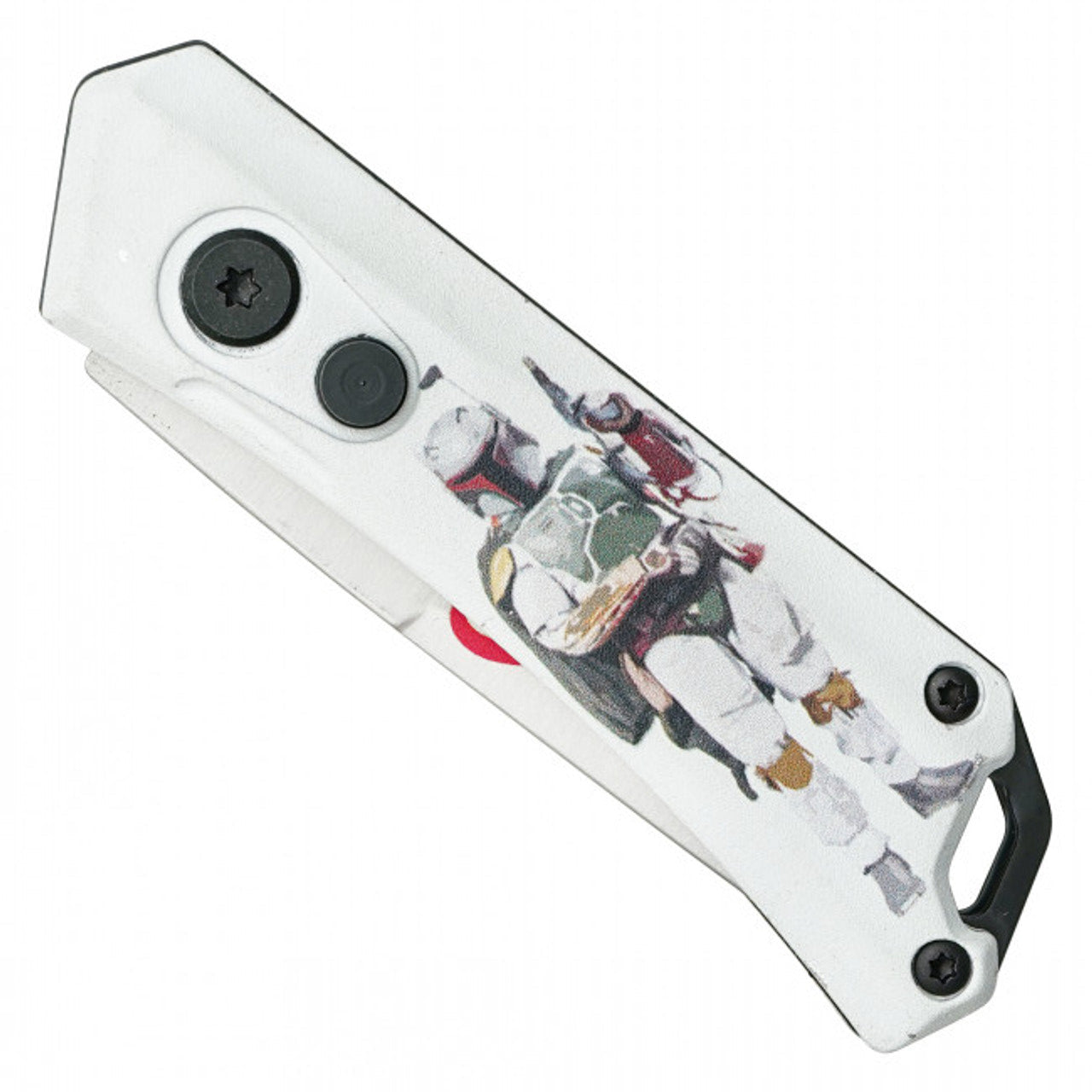 Front closed view of Boba Fett switchblade automatic knife inspired by Star Wars