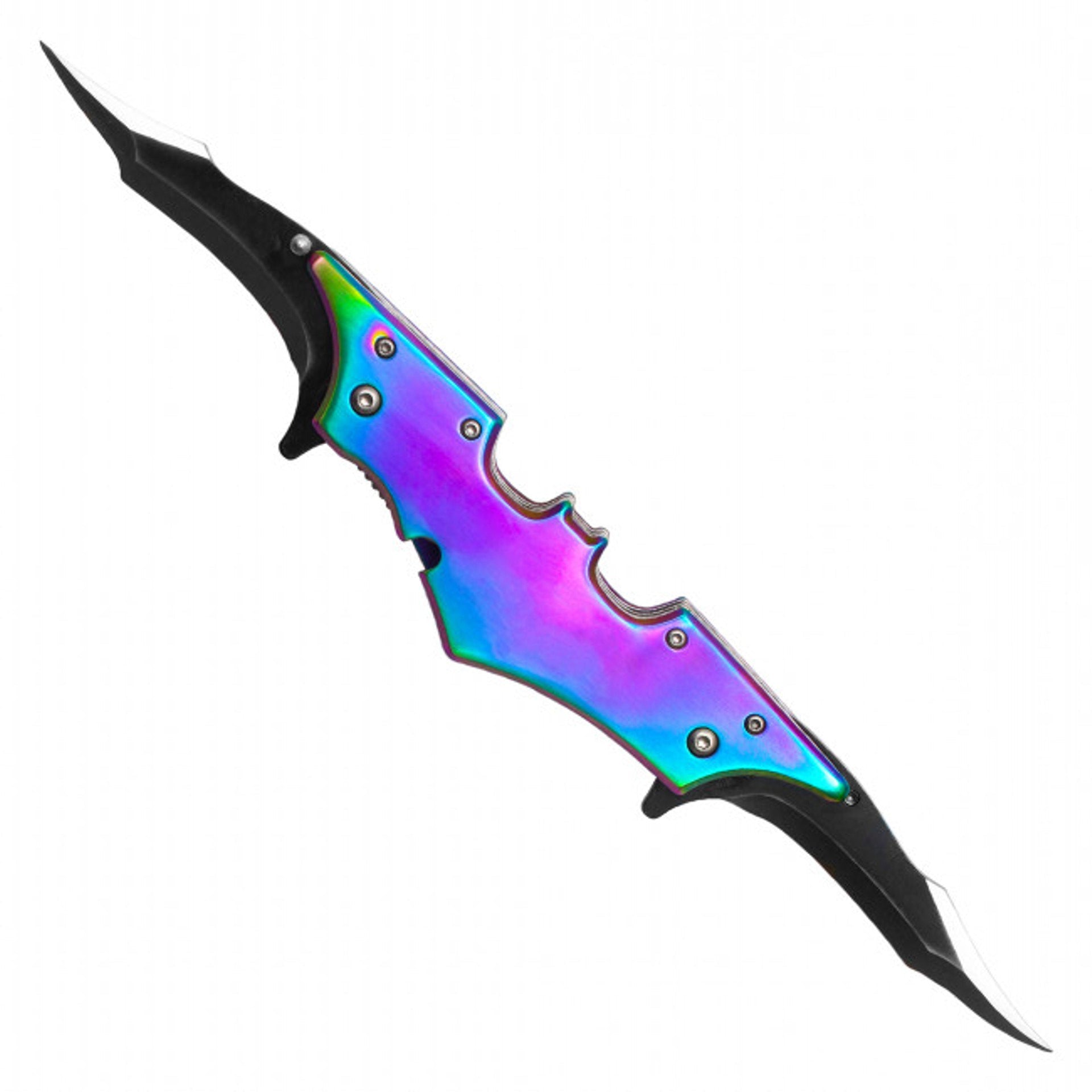11.5" Spring-Assisted Rainbow Stainless Steel Bat-Shaped Dual Blade Pocket Knife