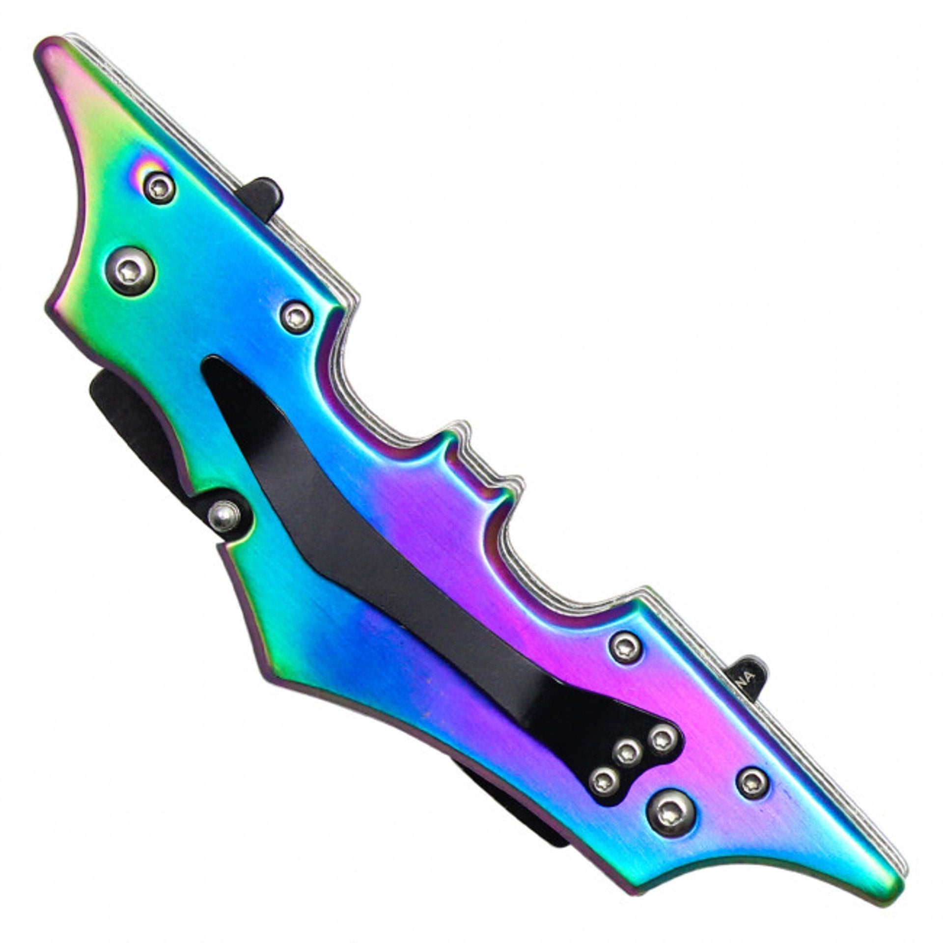 11.5" Spring-Assisted Rainbow Stainless Steel Bat-Shaped Dual Blade Pocket Knife