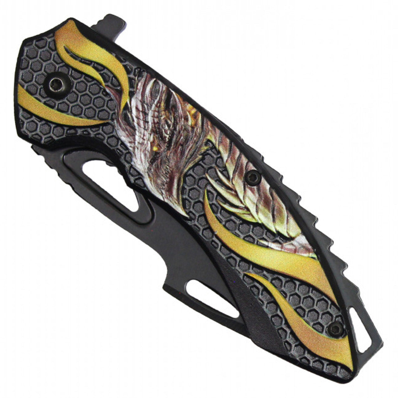 9" Gold Dragon Pocket Knife | Fantasy Folding Knife with Flaming Blade