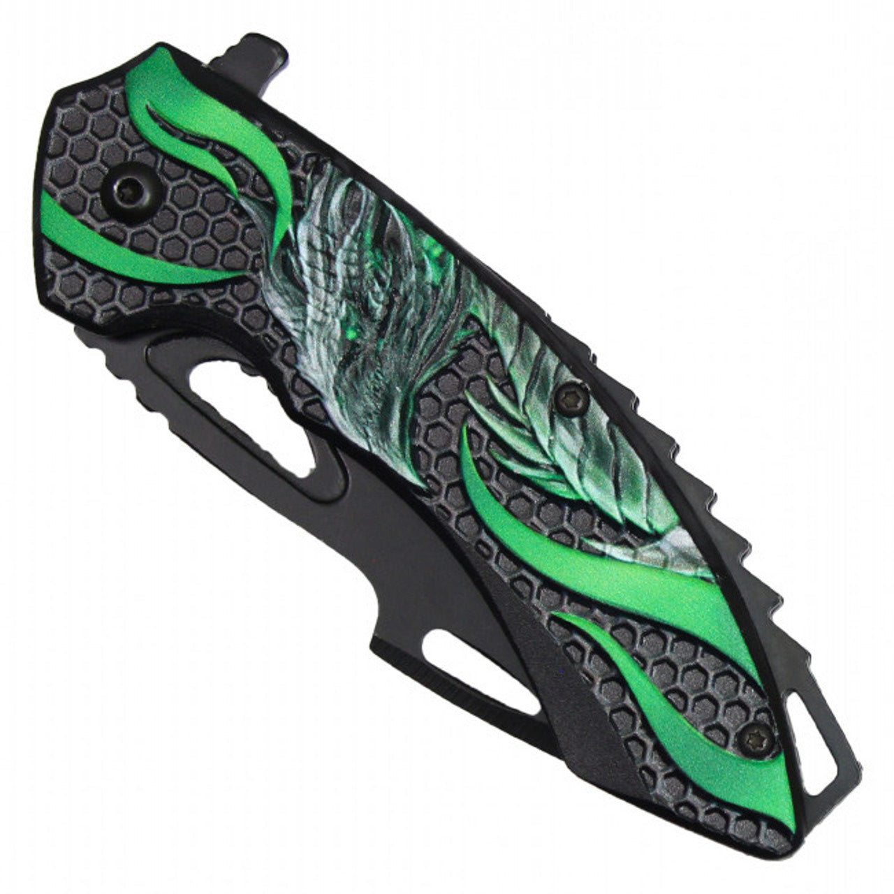 9" Green Dragon Pocket Knife | Fantasy Folding Knife with Flaming Blade