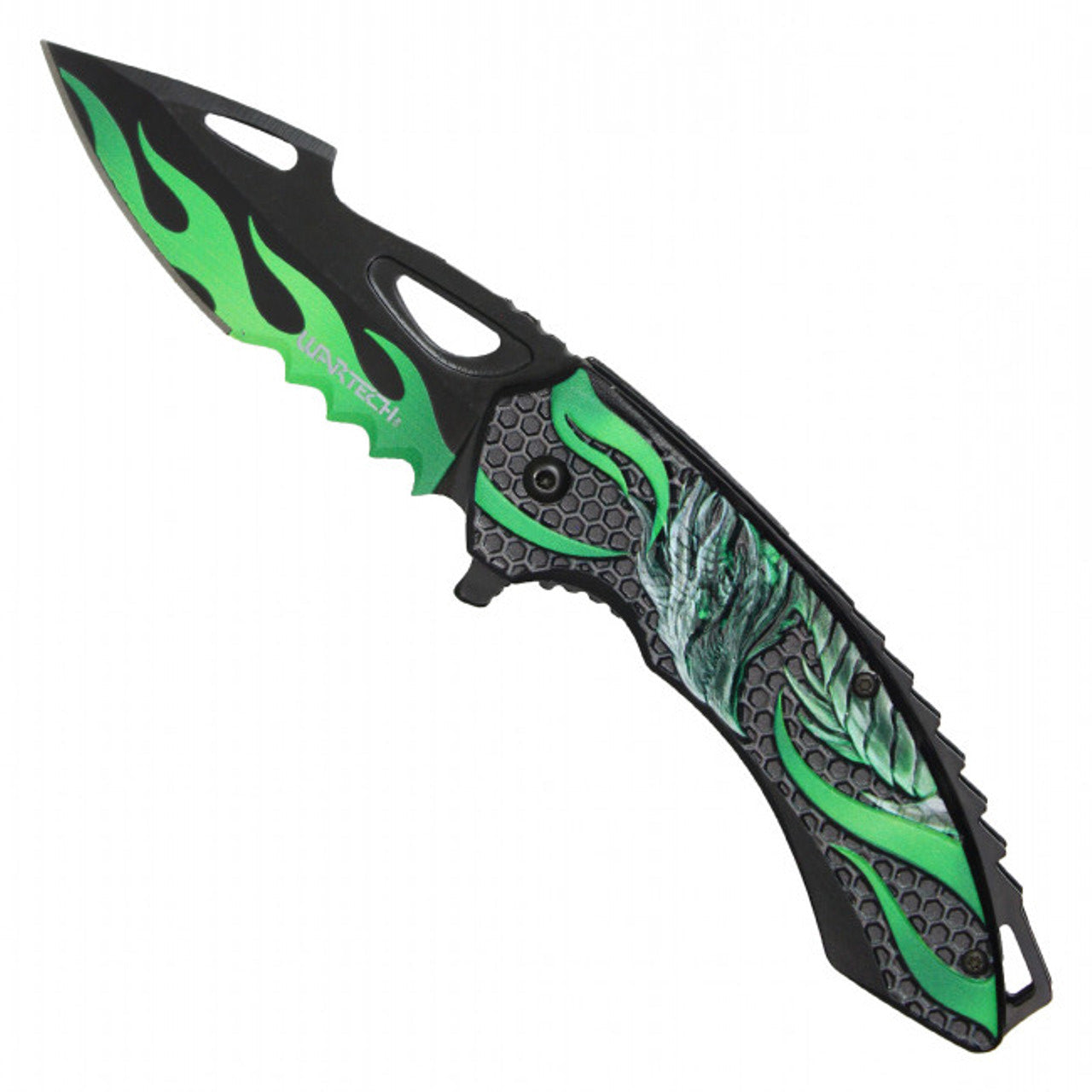 9" Green Dragon Pocket Knife | Fantasy Folding Knife with Flaming Blade