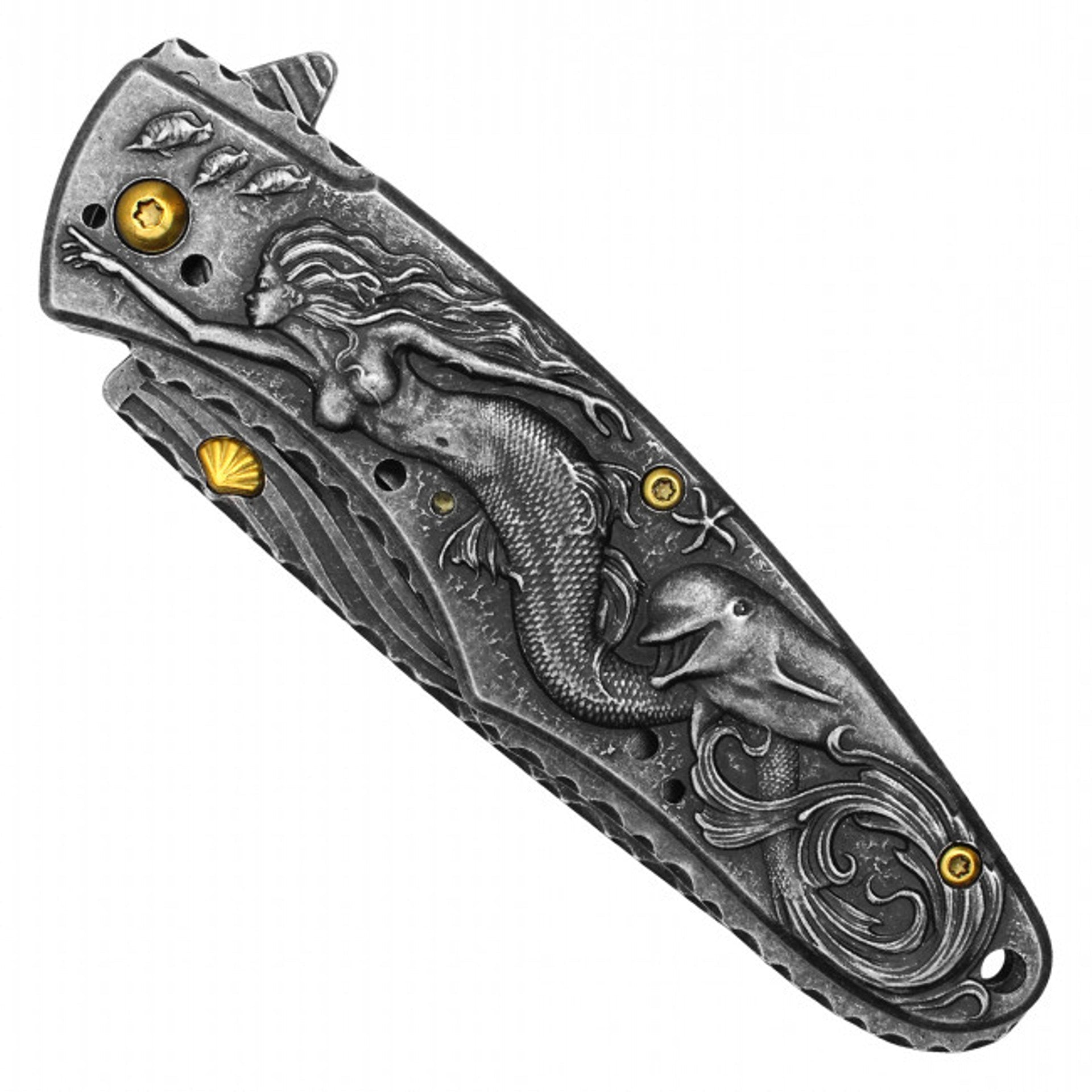 8" Black Mermaid Pocket Knife – 3D Stone Mermaid Handle & Stonewashed Blade