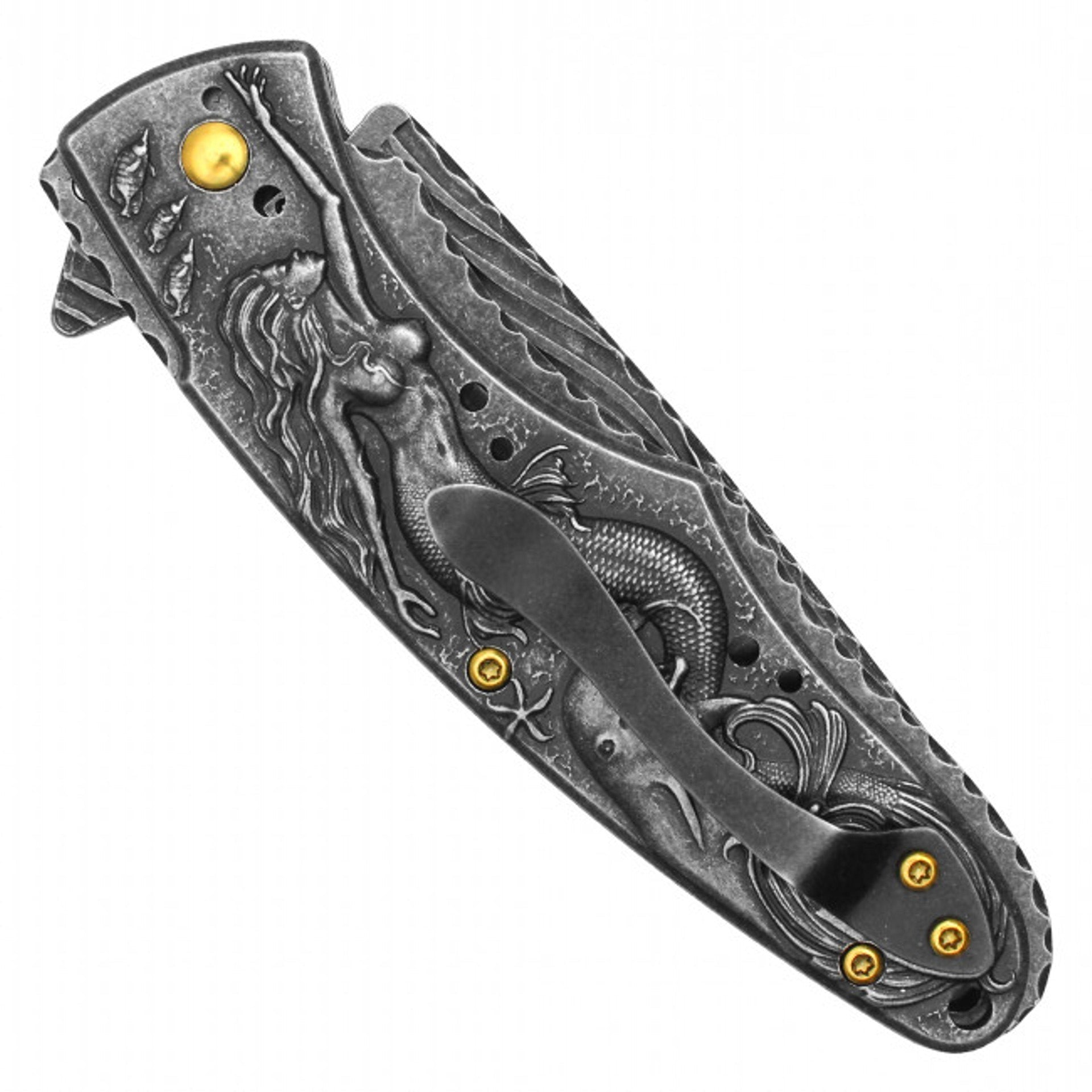 8" Black Mermaid Pocket Knife – 3D Stone Mermaid Handle & Stonewashed Blade