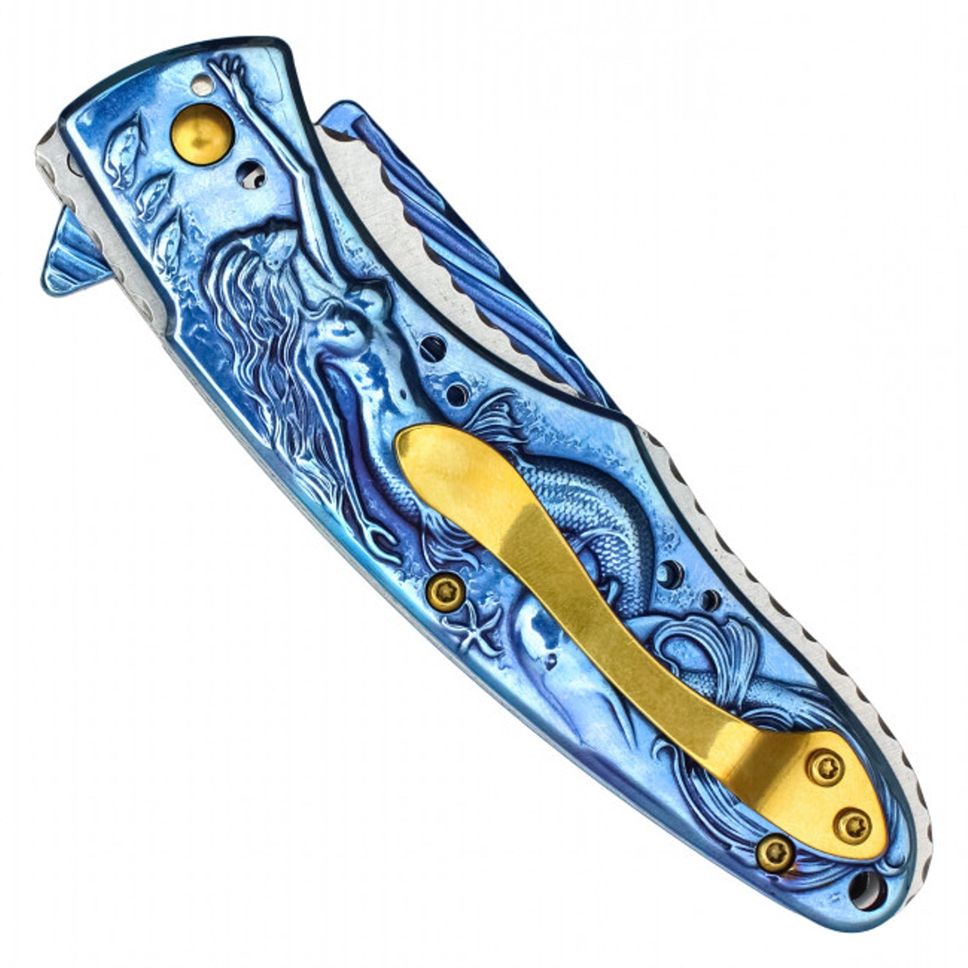 8" Blue Mermaid Pocket Knife – 3D Mermaid Handle & Blue Steel Blade