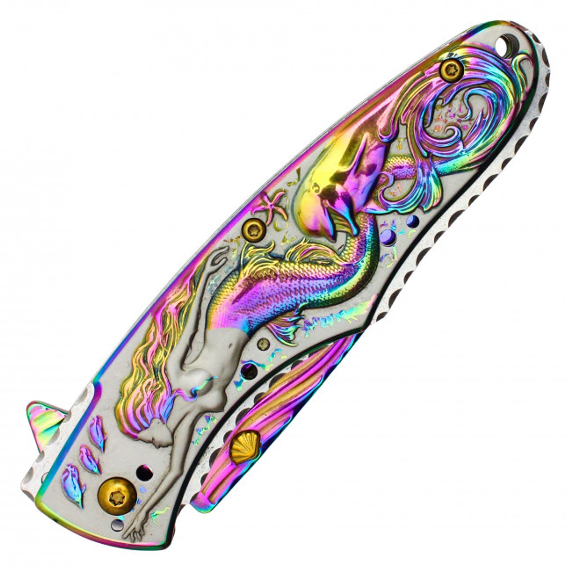 8" Rainbow Mermaid Pocket Knife – 3D Mermaid Handle & Rainbow Blade